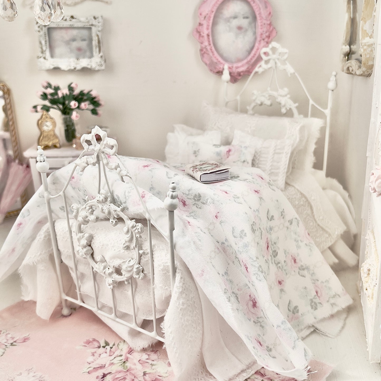 Dressed 1:12 Scale Bed | White Embroidered Cotton with Blue and Pink Shabby |Embroidered Rose