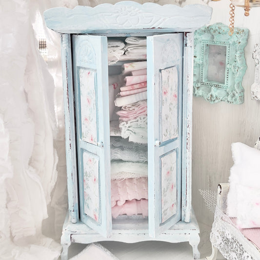 Armoire| Wooden Pale Blue Distressed with Linens| Painted Petals Furniture
