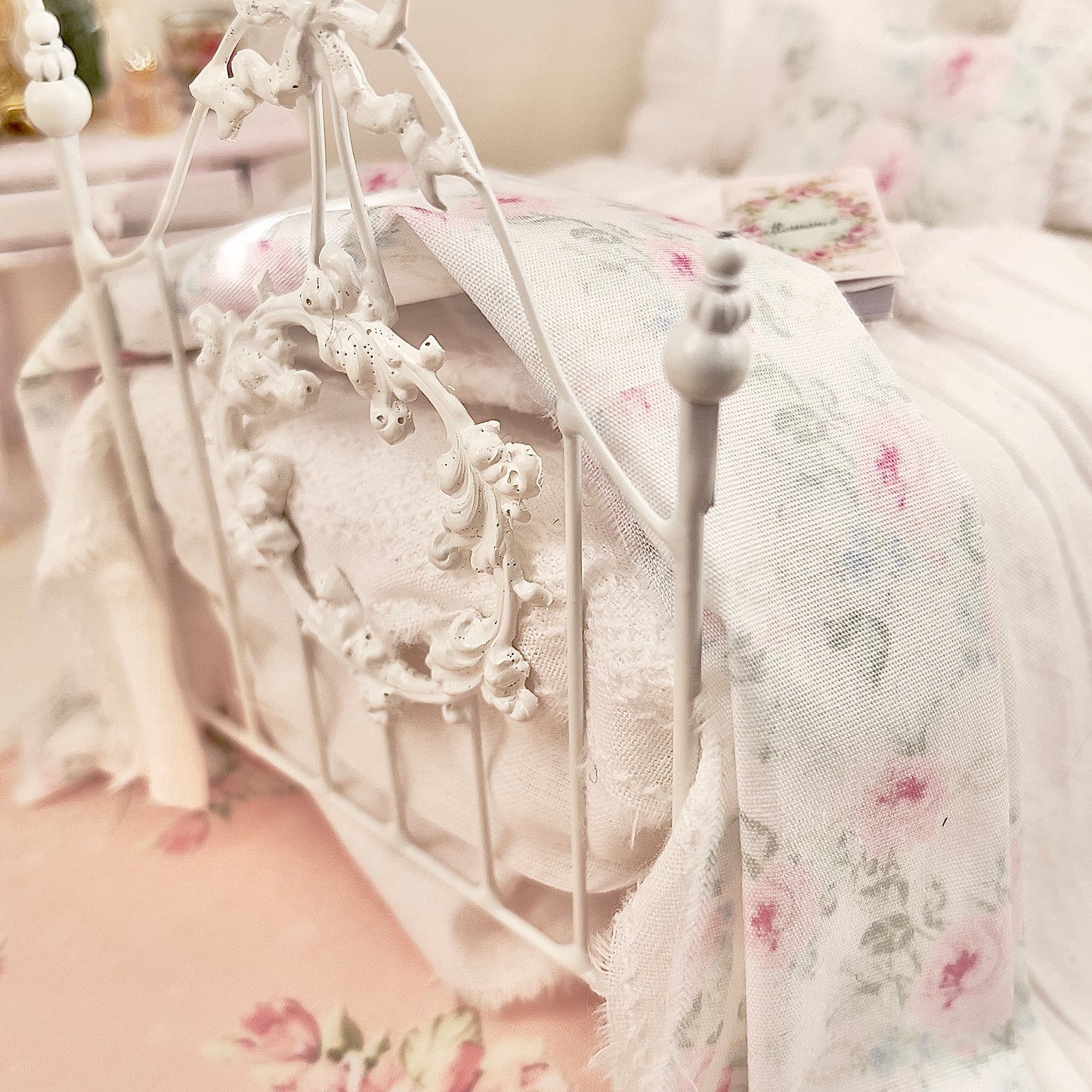 Dressed 1:12 Scale Bed | White Embroidered Cotton with Blue and Pink Shabby |Embroidered Rose