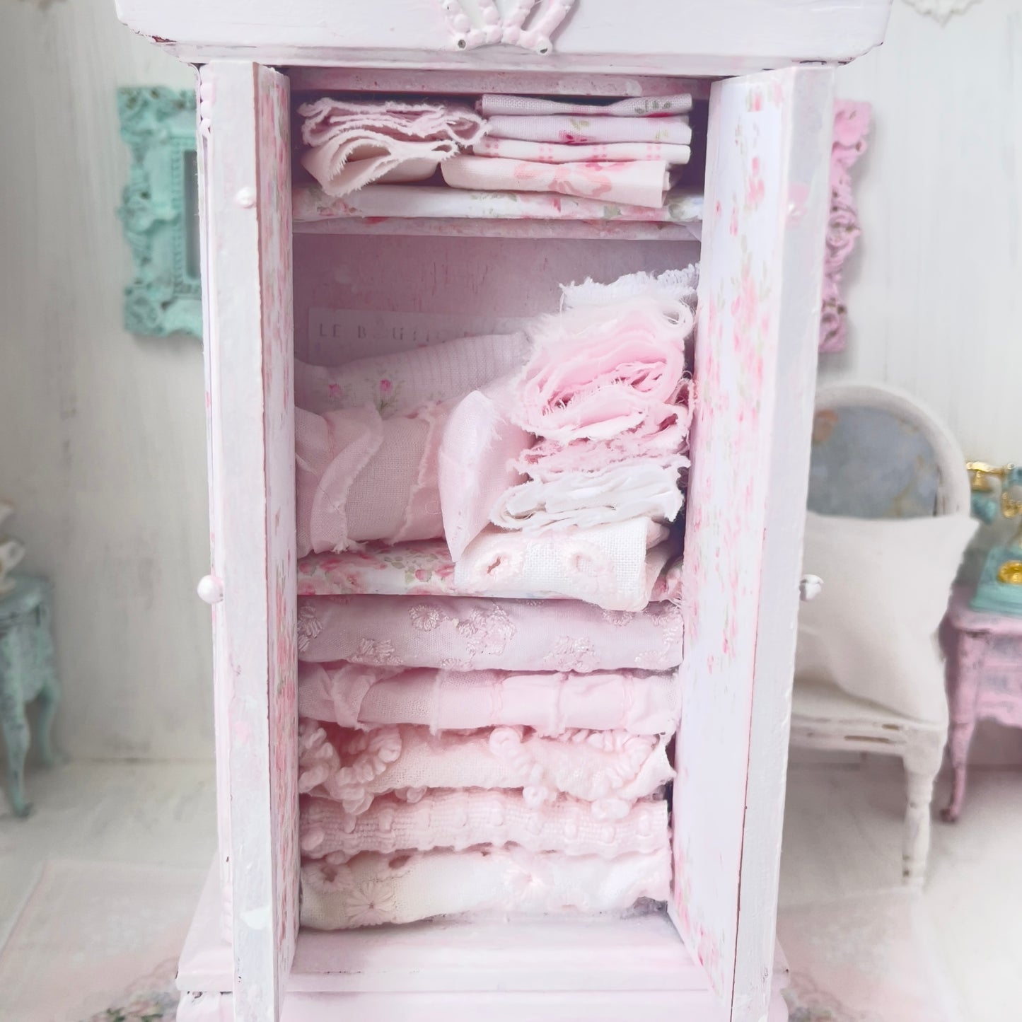 Armoire | Wooden Shabby Pink Distressed with Linens| Painted Petals Furniture