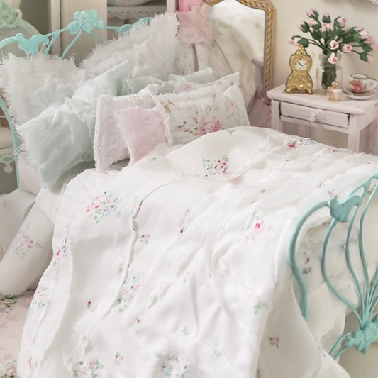 Dressed 1:12 Scale Bed |Robin Egg Blue Metal Bed with Petite Shabby Floral Bedspread| Ribboned Romance
