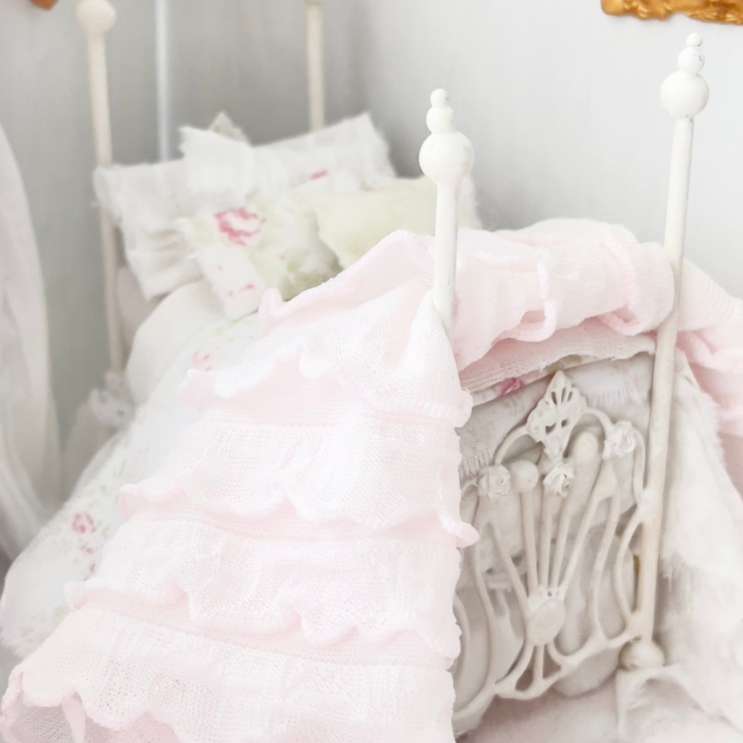 Shabby Chic Pink Roses 1:24 half scale miniature dressed metal bed for dollhouses by chantallena doll house