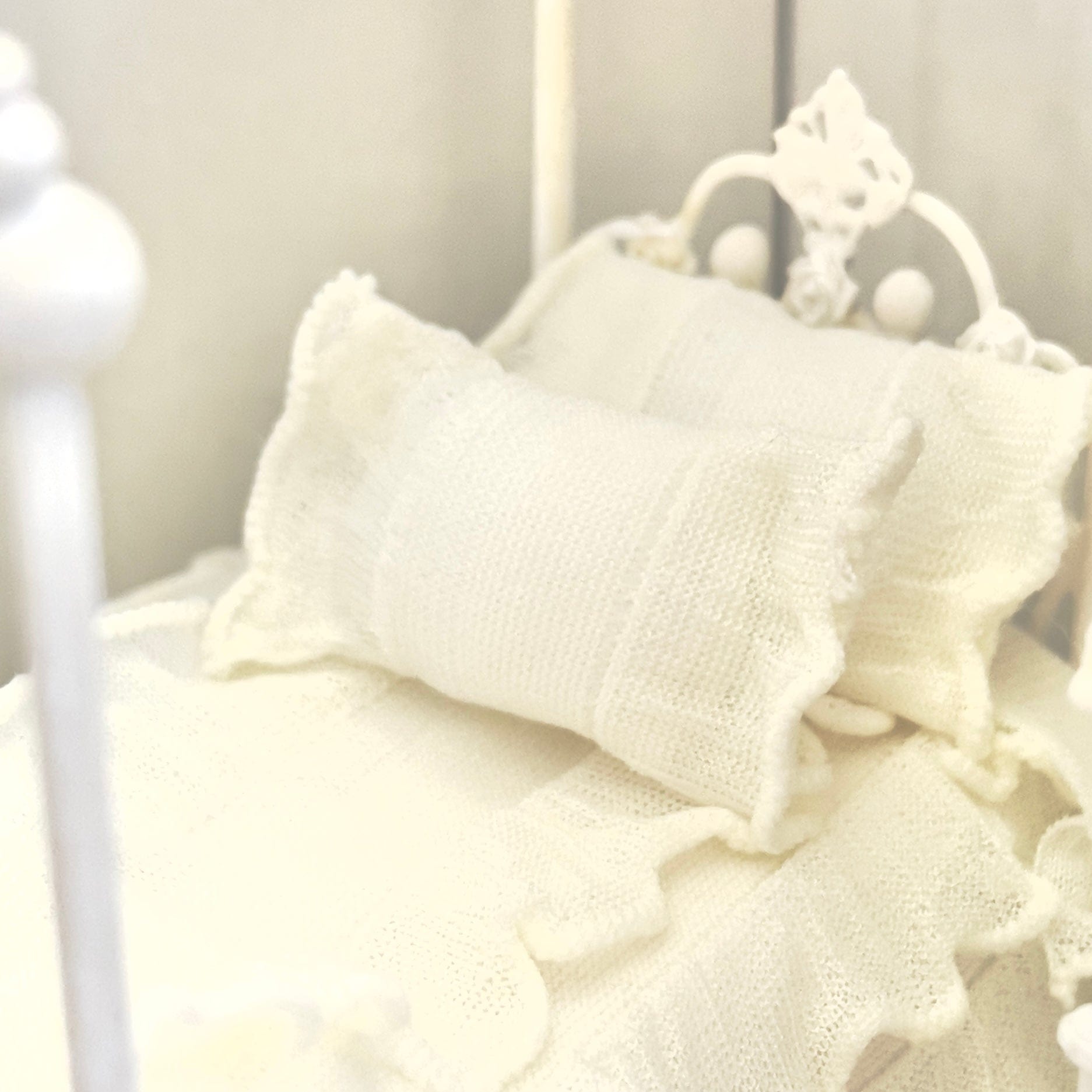 CHANTALLENA 1:24 Scale |  Three Piece Off White Linen Blend with Crocheted Throw Dollhouse Bedding Set | Pink Petite