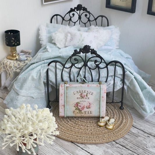 Chantallena bedding (Copy) Vintage View | Seven Piece Muslin 1:12 Scale Bedding Set with Paris Pillow, Crochet and Chenille Throw | Lucie