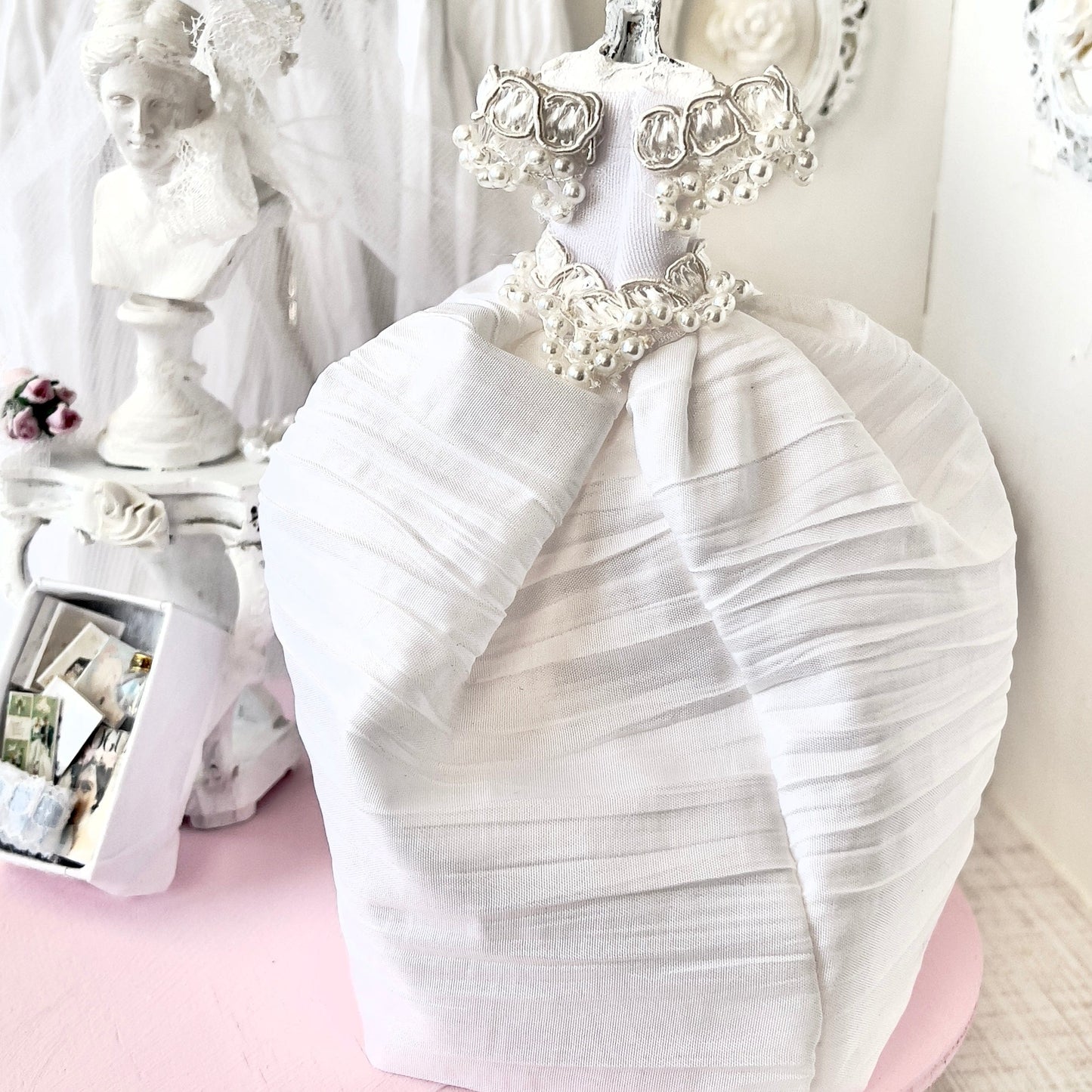 CHANTALLENA Bridal Gown on Dress Form| Carly- Cap Sleeve White Crinkled Taffeta|House of Chantalle