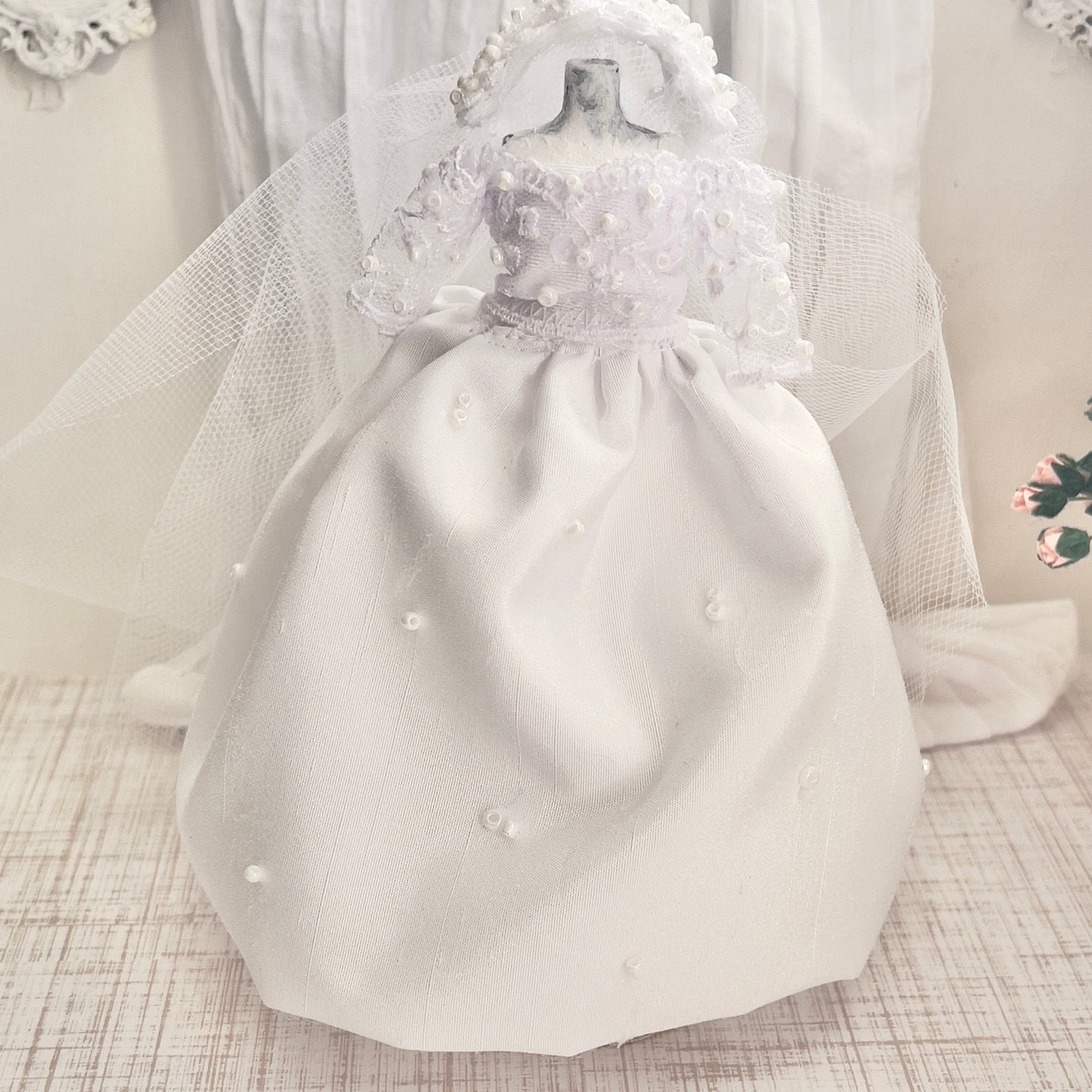 CHANTALLENA Bridal Gown on Dress Form | Clover- White Taffeta with Pearls| House of Chantalle