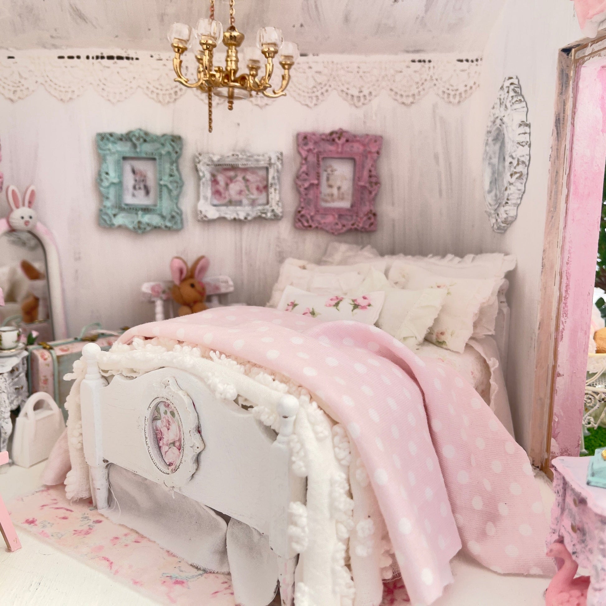 Chantallena Doll House 1:12 Scale Dressed Dollhouse White Wooden Bed with Chair- Sugar Bunny Garden | Chantallena