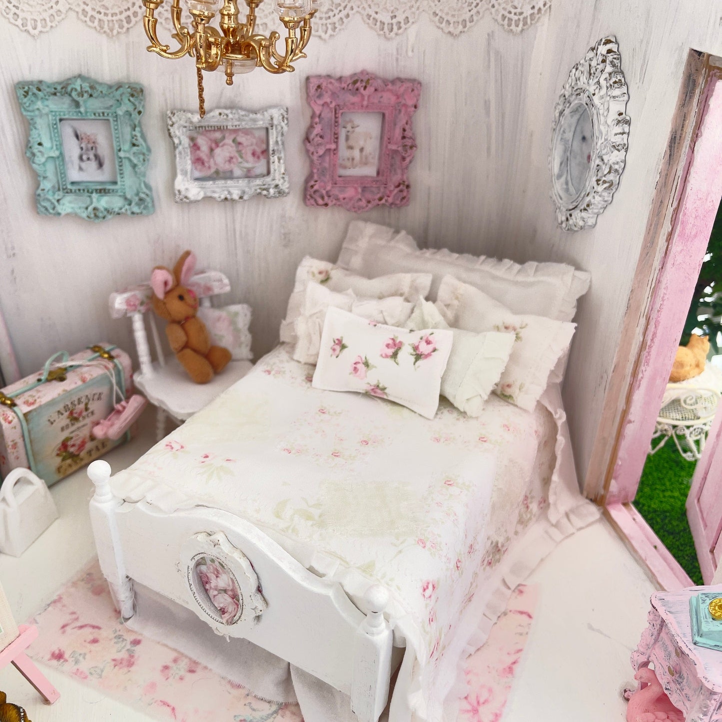 Chantallena Doll House 1:12 Scale Dressed Dollhouse White Wooden Bed with Chair- Sugar Bunny Garden | Chantallena