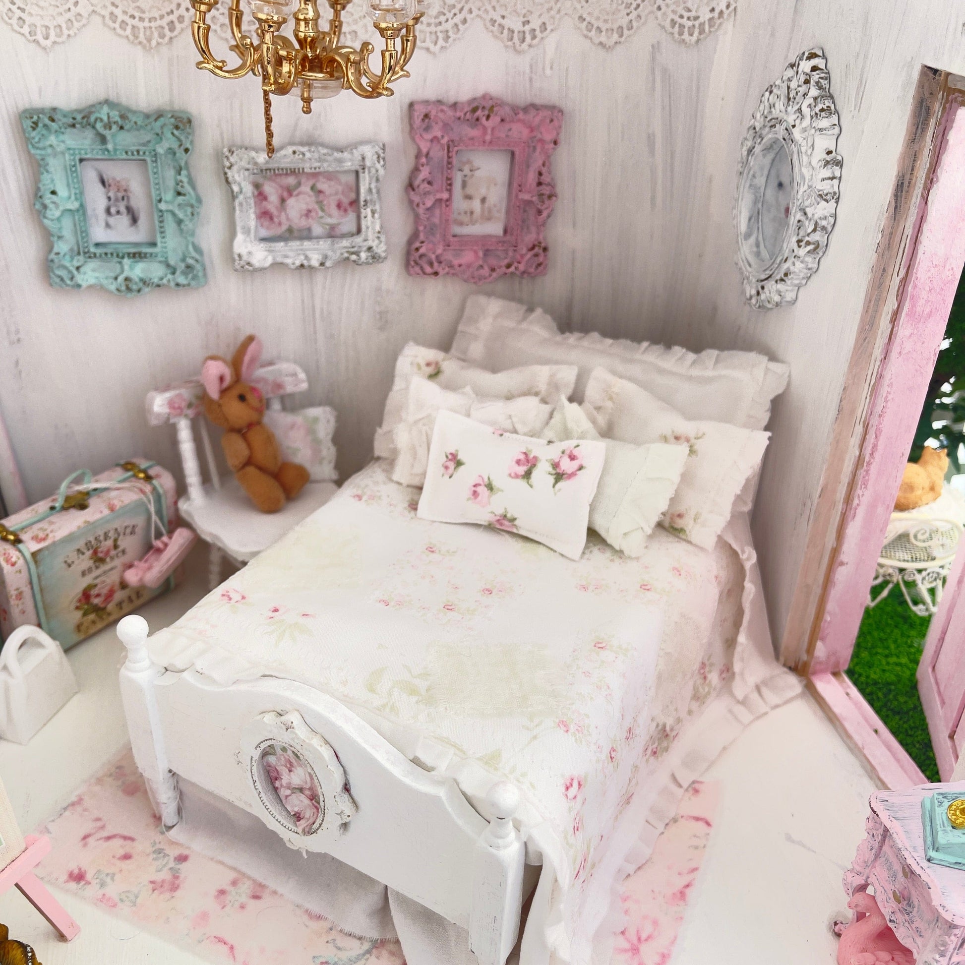 Chantallena Doll House 1:12 Scale Dressed Dollhouse White Wooden Bed with Chair- Sugar Bunny Garden | Chantallena