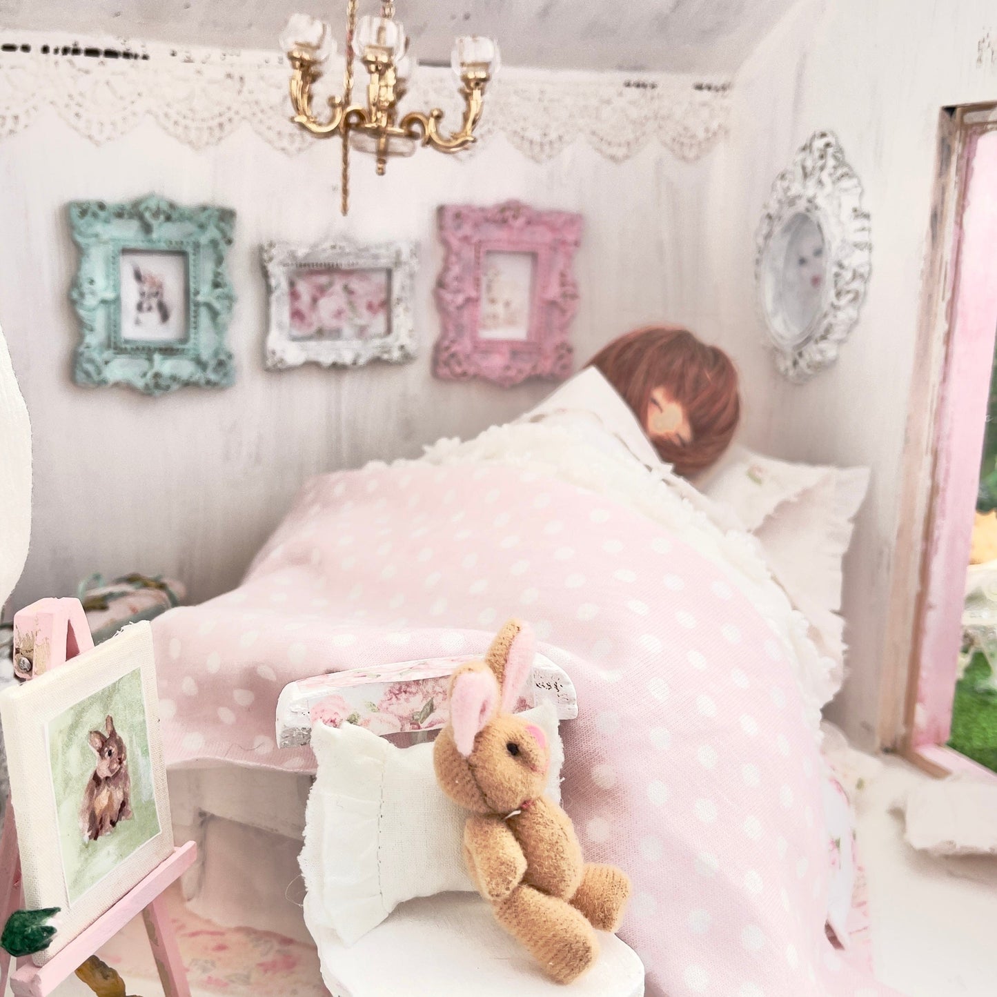 Chantallena Doll House 1:12 Scale Dressed Dollhouse White Wooden Bed with Chair- Sugar Bunny Garden | Chantallena