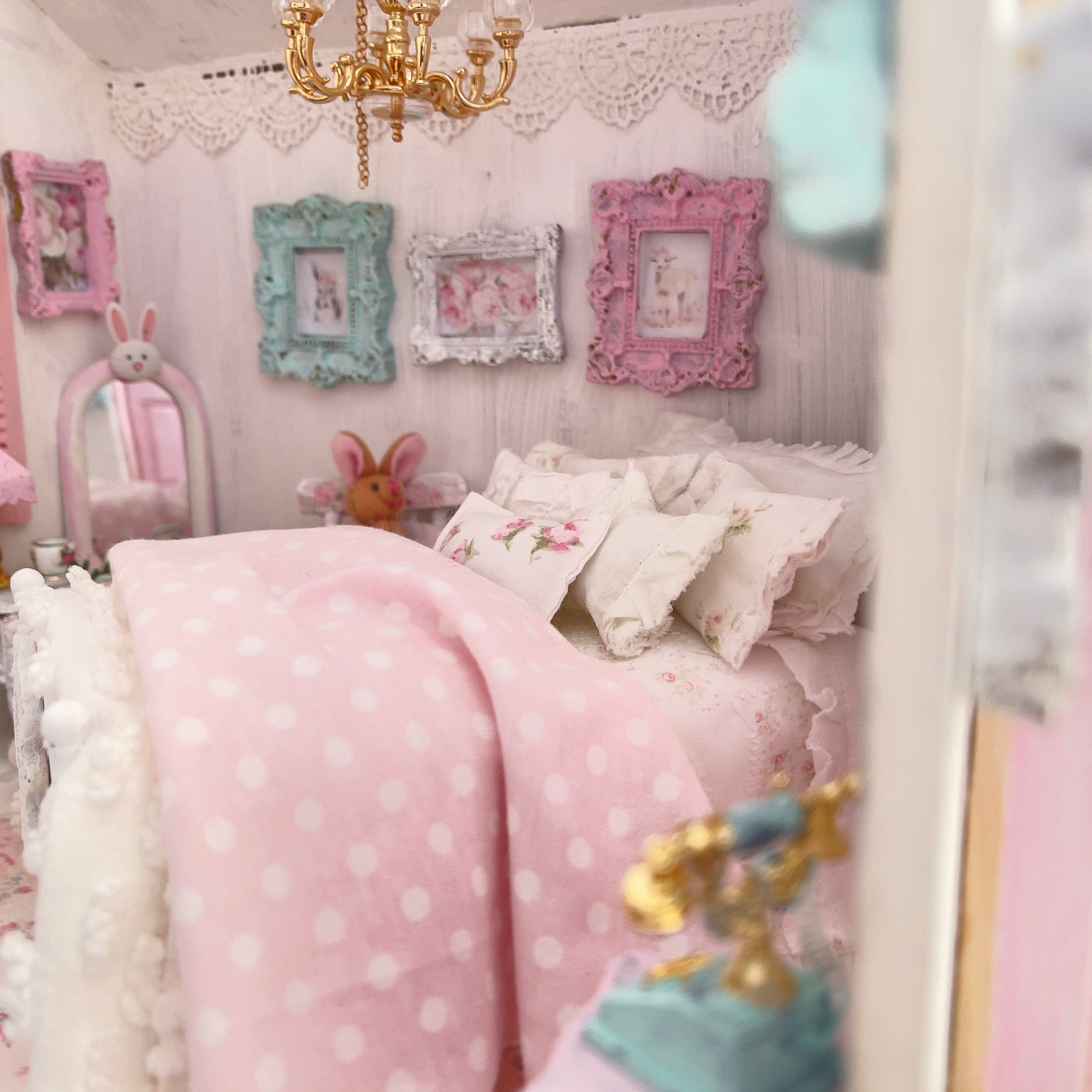 Chantallena Doll House 1:12 Scale Dressed Dollhouse White Wooden Bed with Chair- Sugar Bunny Garden | Chantallena