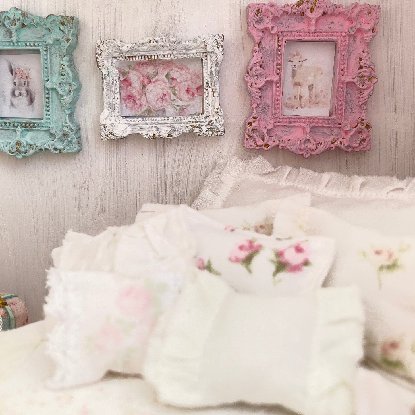 Chantallena Doll House 1:12 Scale Dressed Dollhouse White Wooden Bed with Chair- Sugar Bunny Garden | Chantallena