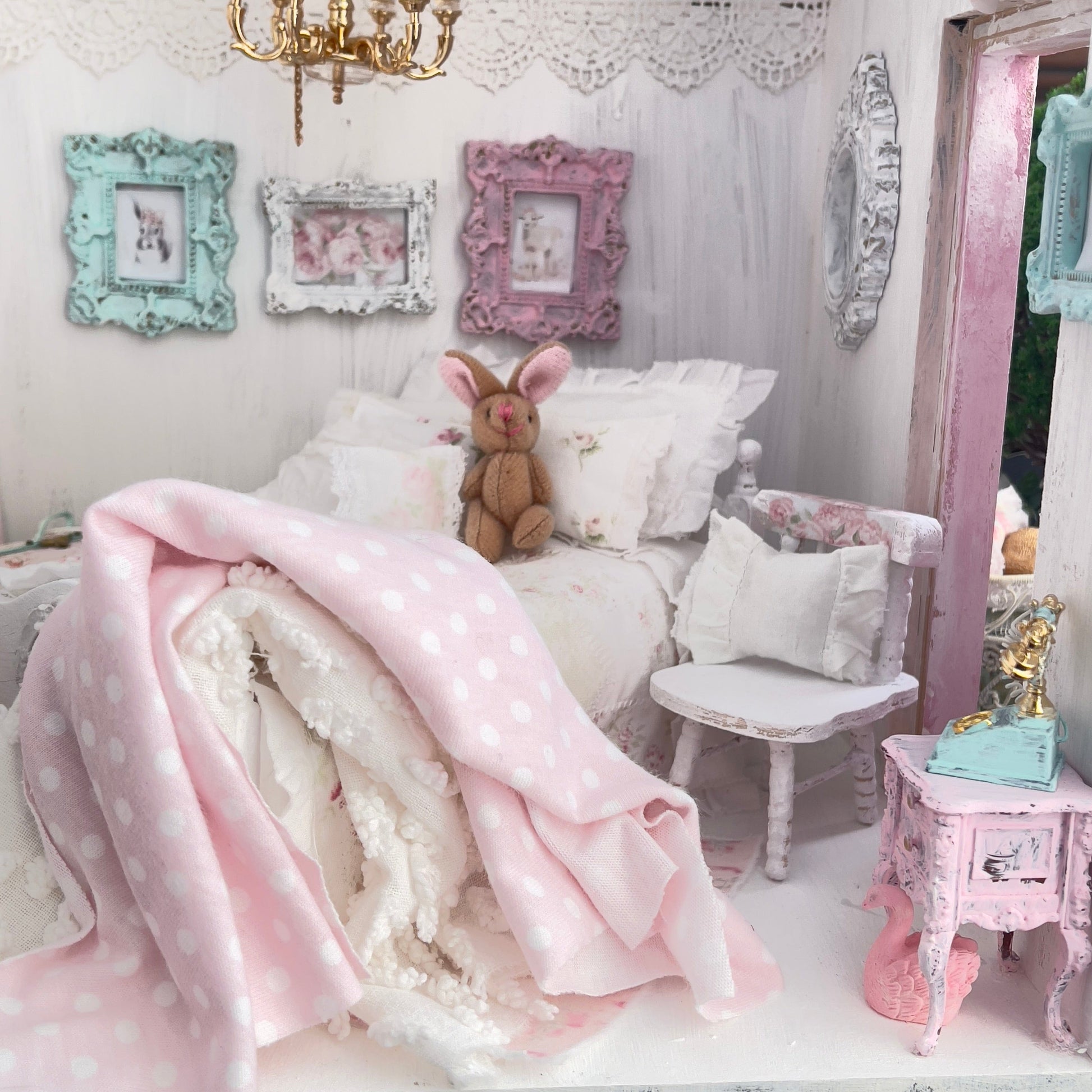 Chantallena Doll House 1:12 Scale Dressed Dollhouse White Wooden Bed with Chair- Sugar Bunny Garden | Chantallena