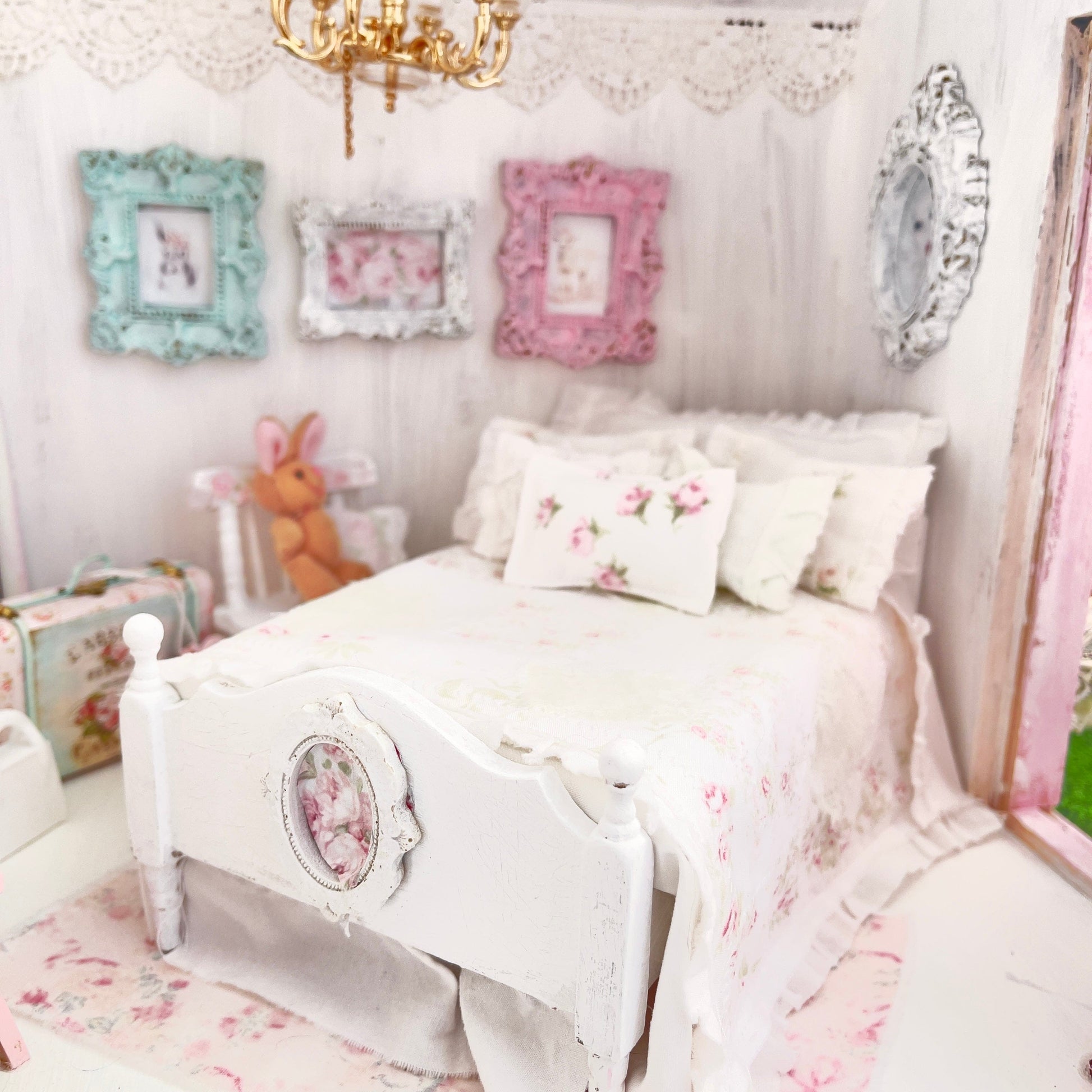 Chantallena Doll House 1:12 Scale Dressed Dollhouse White Wooden Bed with Chair- Sugar Bunny Garden | Chantallena