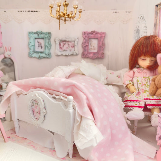 Chantallena Doll House 1:12 Scale Dressed Dollhouse White Wooden Bed with Chair- Sugar Bunny Garden | Chantallena