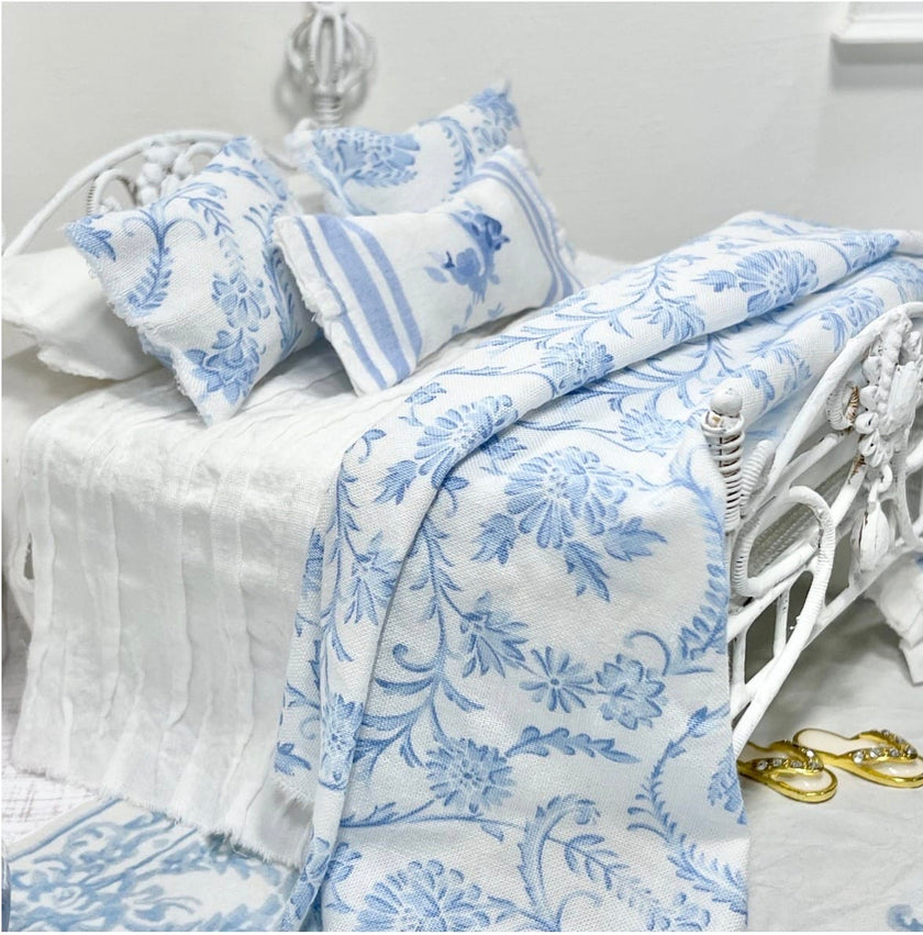 Chantallena Doll House Bedding Anais- White and Blue Cotton Chinoiserie Cotton  Bedding Set-1:12 Scale | Forever in Bloom| Chantallena