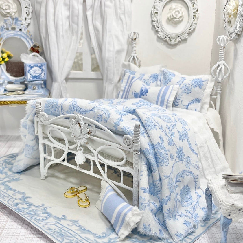 Chantallena Doll House Bedding Anais- White and Blue Cotton Chinoiserie Cotton  Bedding Set-1:12 Scale | Forever in Bloom| Chantallena