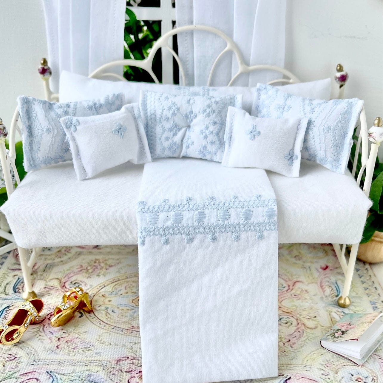 Chantallena Doll House Bedding Day Bed Bedding| Shabby Blue Embroidery on White Cotton 1:12 Scale Dollhouse Set| Blue Embroidered