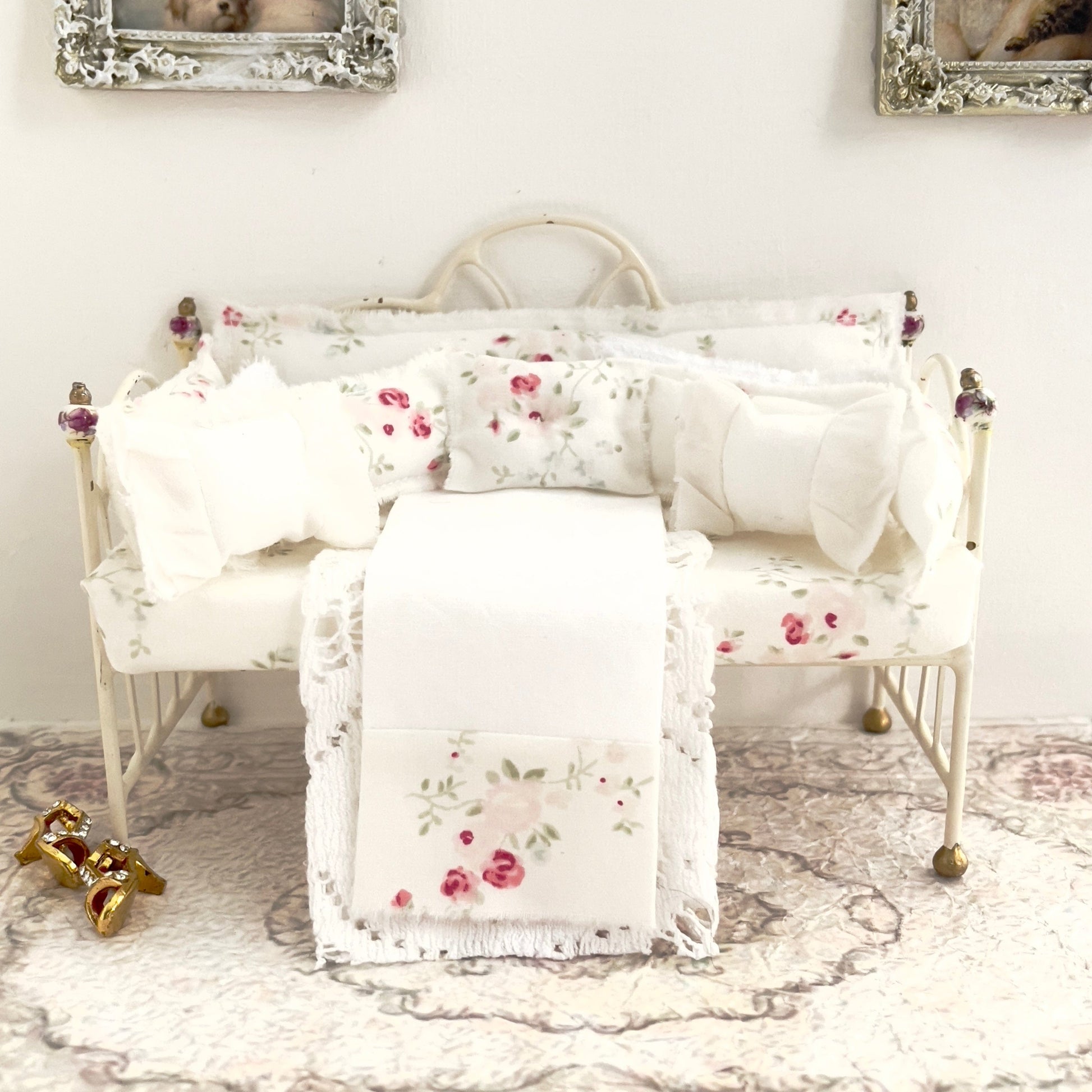 Chantallena Doll House Bedding Day Bed | Shabby Pink Roses with White Cotton Lace Throw Set | Floral Clusters