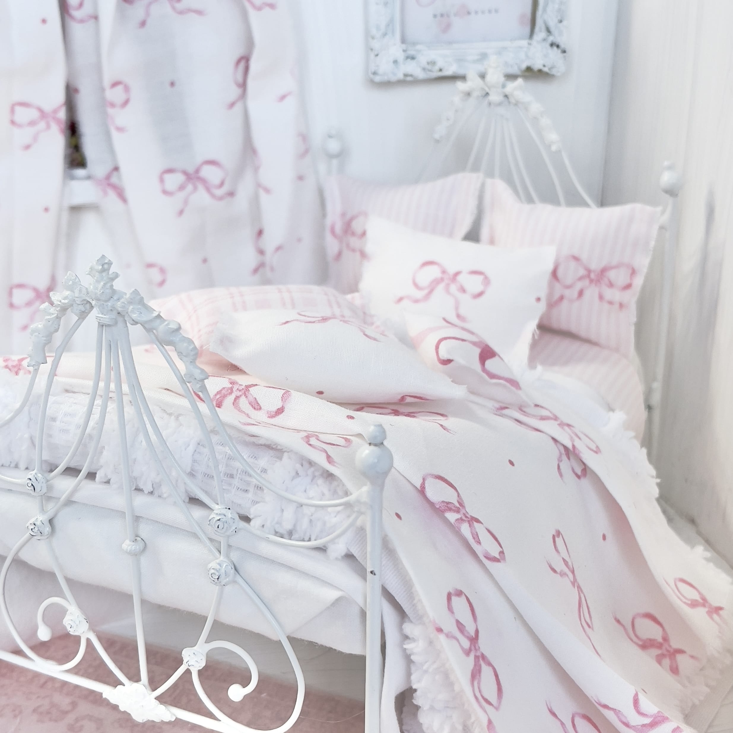 Chantallena Doll House Bedding Double (8 inch by 8 inch) Lottie- White Cotton with Pink Bows Bedding Set-1:12 Scale | Forever in Bloom| Chantallena