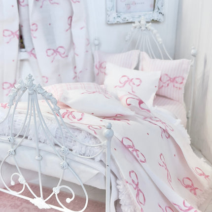 Chantallena Doll House Bedding Double (8 inch by 8 inch) Lottie- White Cotton with Pink Bows Bedding Set-1:12 Scale | Forever in Bloom| Chantallena