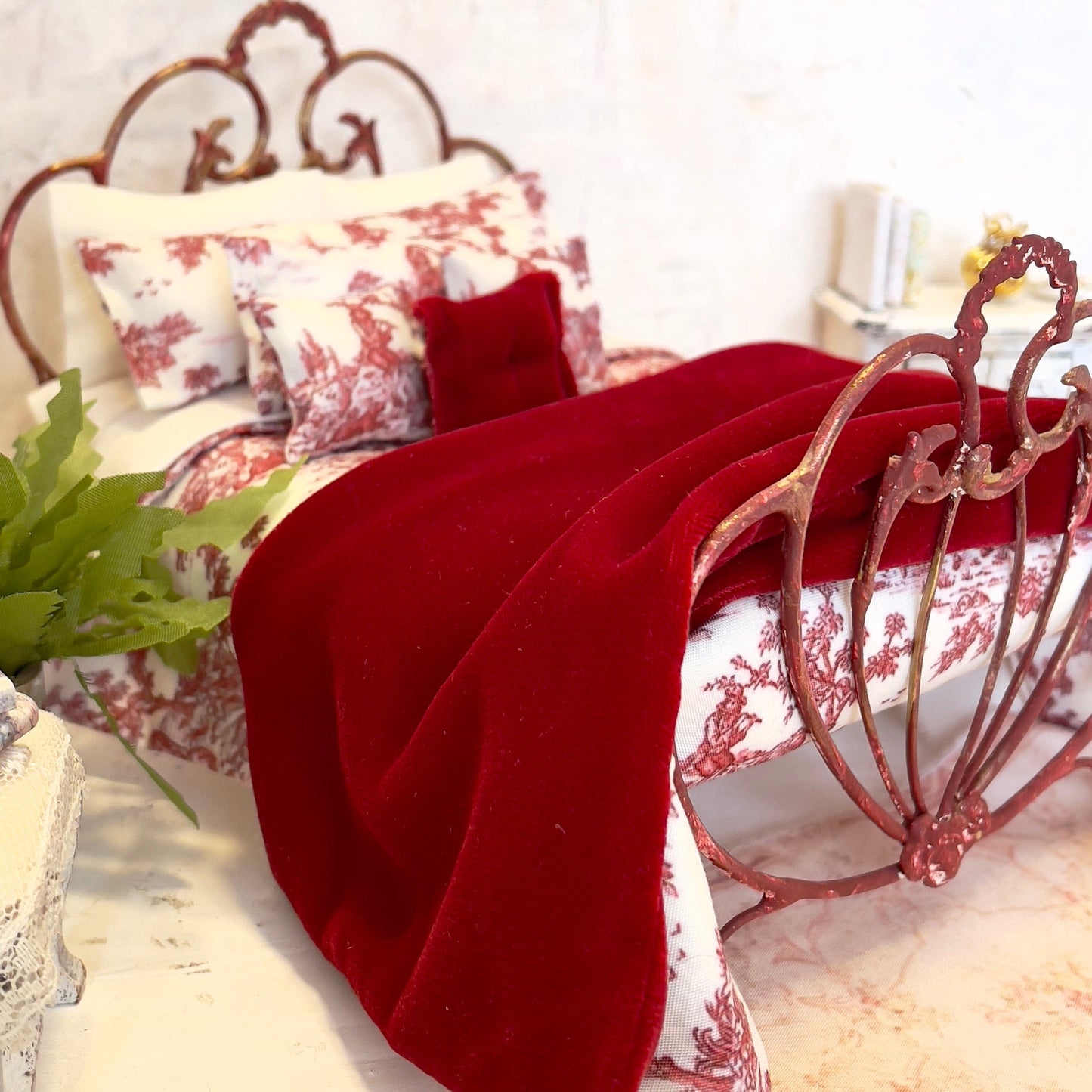 Chantallena Doll House Bedding Double (8 inch by 8 inch) Vintage View | Red Cotton Blend Toile 1:12 Scale Dollhouse Bedding Set | Toile Red