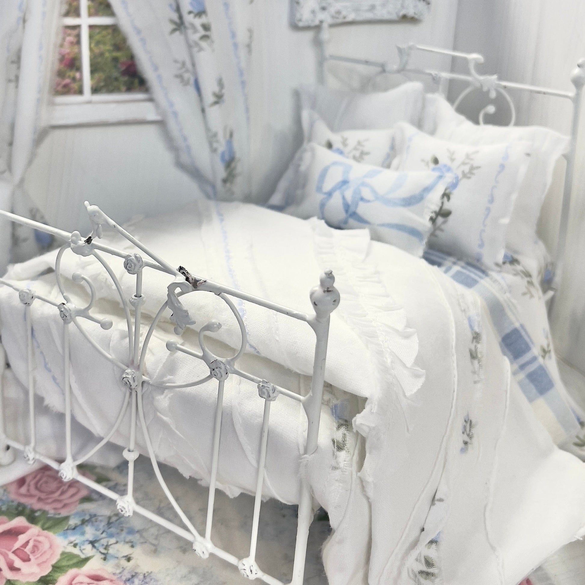 Chantallena Doll House Bedding DOUBLE (9 inch by 9 inch) Lillian Grace| Blue Roses Trellis Cotton Bedding Set with Pin-tucked Comforter