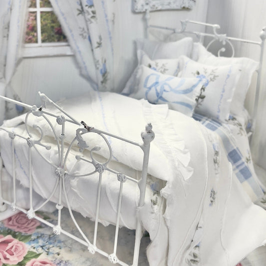 Chantallena Doll House Bedding DOUBLE (9 inch by 9 inch) Lillian Grace| Blue Roses Trellis Cotton Bedding Set with Pin-tucked Comforter