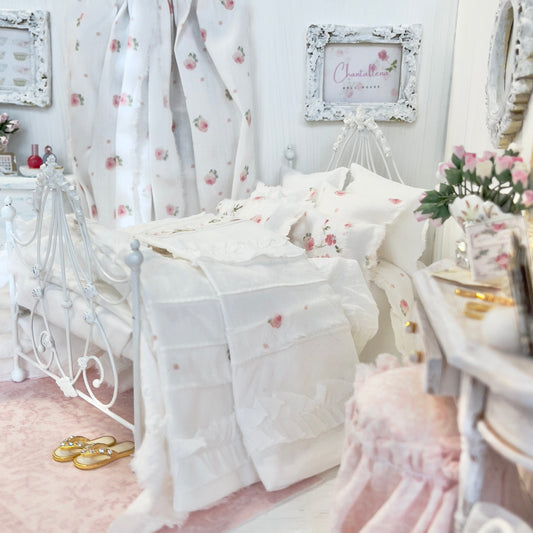 Chantallena Doll House Bedding DOUBLE (9 inch by 9 inch) Lillian Grace| Pink Roses with Pin-tucked Bedspread Cotton Bedding Set