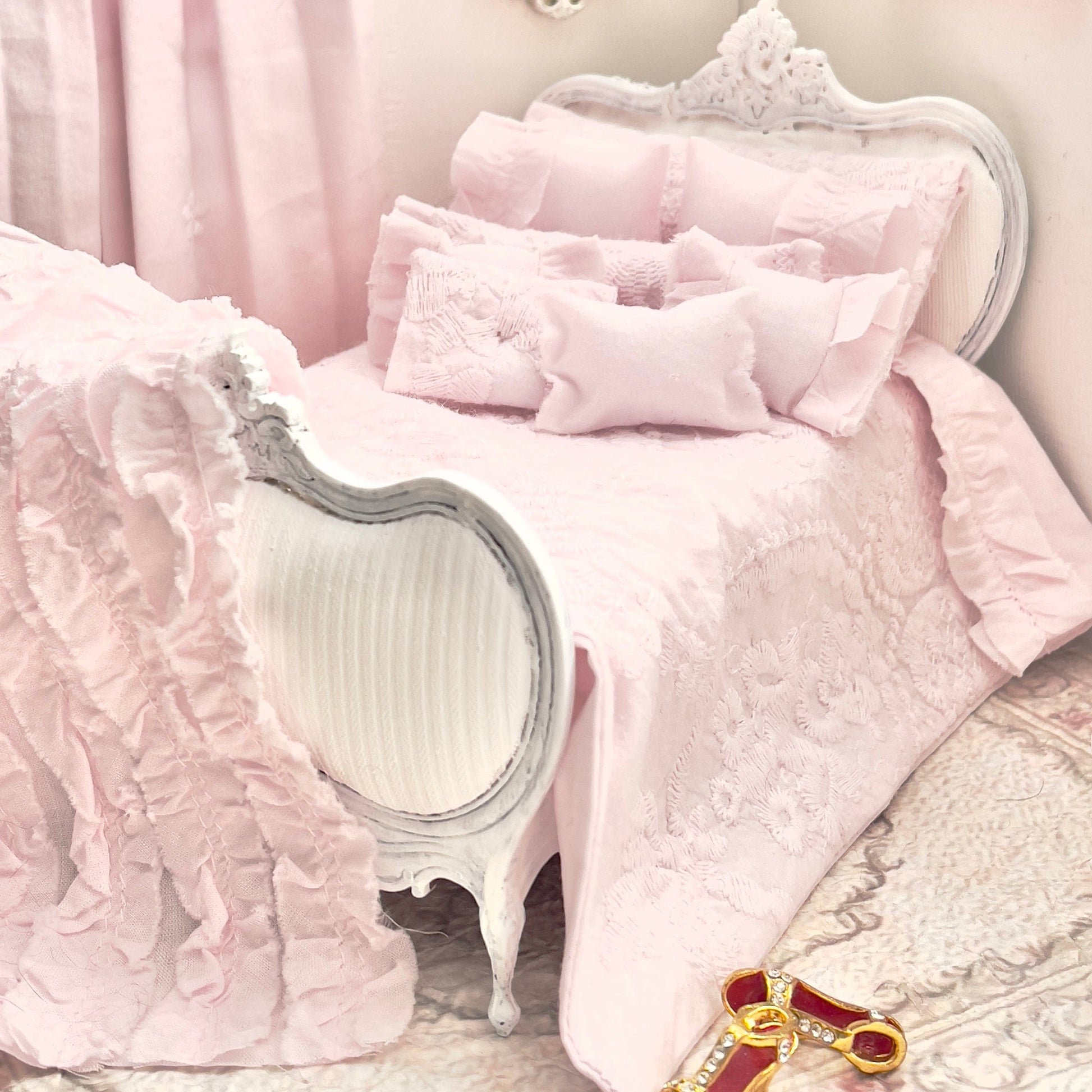 Chantallena Doll House Bedding Double (9 inch by 9 inch) Shabby Cottage | Pink Cotton Embroidered Set with Pink Ruffles | Pink Embroidered