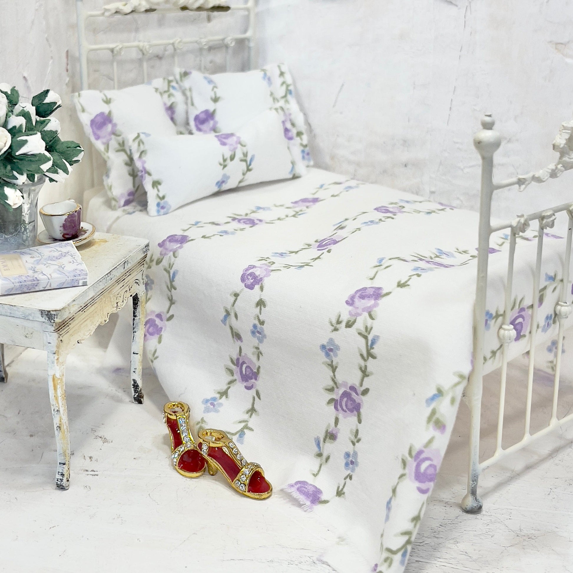 Chantallena Doll House Bedding DOUBLE (9  inch by 9 inch) Simply Lena | Five Piece Lavender Roses on White Cotton Bedding Set |