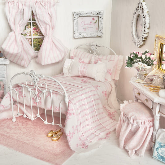 Chantallena Doll House Bedding Double with 2 Panel Striped Curtain $40.00 Lillian Grace| Pink and White Stripe and Pink Toile Cotton Bedding Set