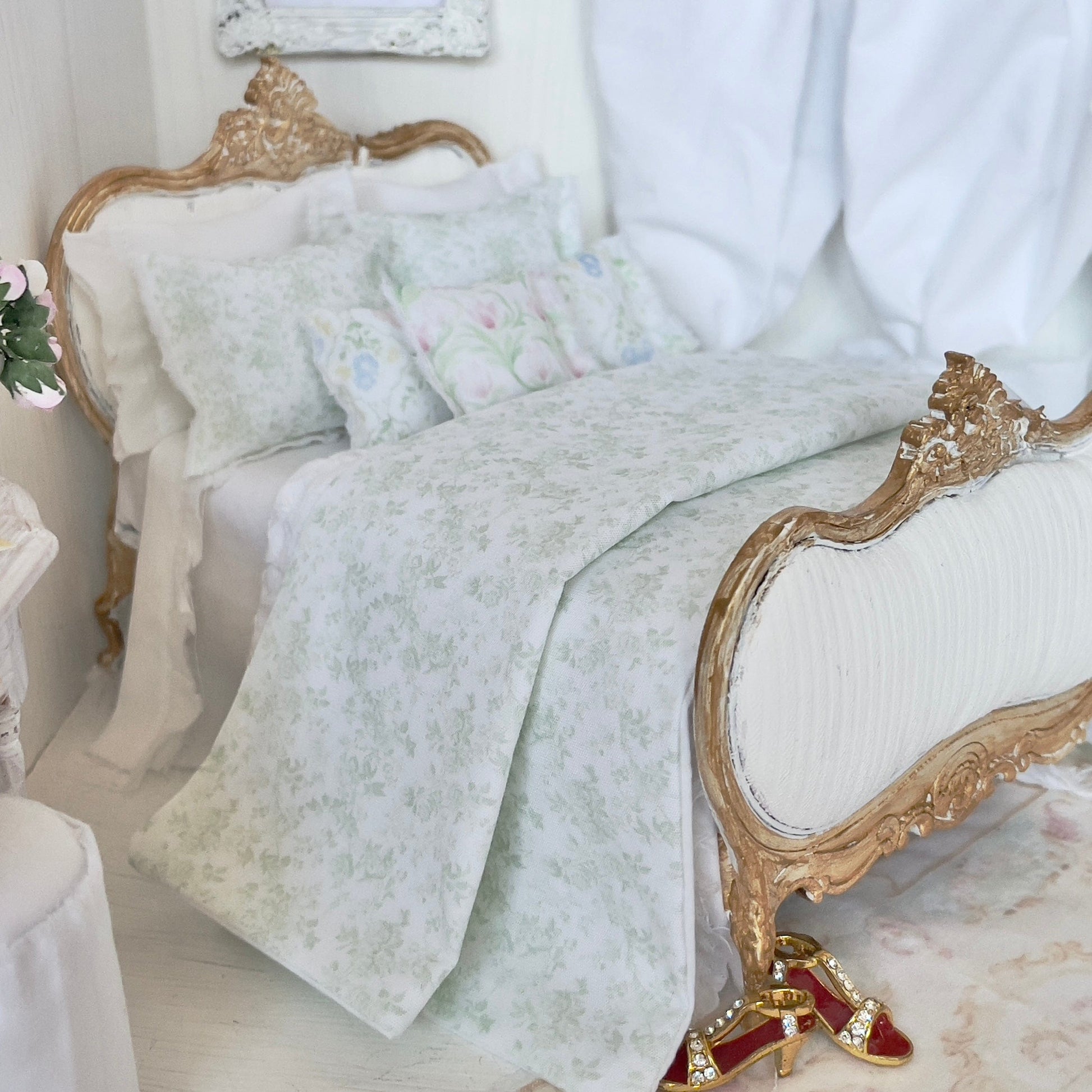 Chantallena Doll House bedding Jardin de Toile | Green and White Cotton Toile Bedding Set| Hyden
