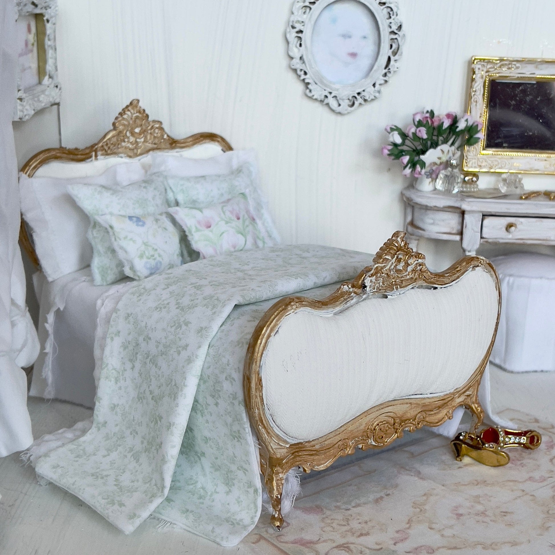 Chantallena Doll House bedding Jardin de Toile | Green and White Cotton Toile Bedding Set| Hyden
