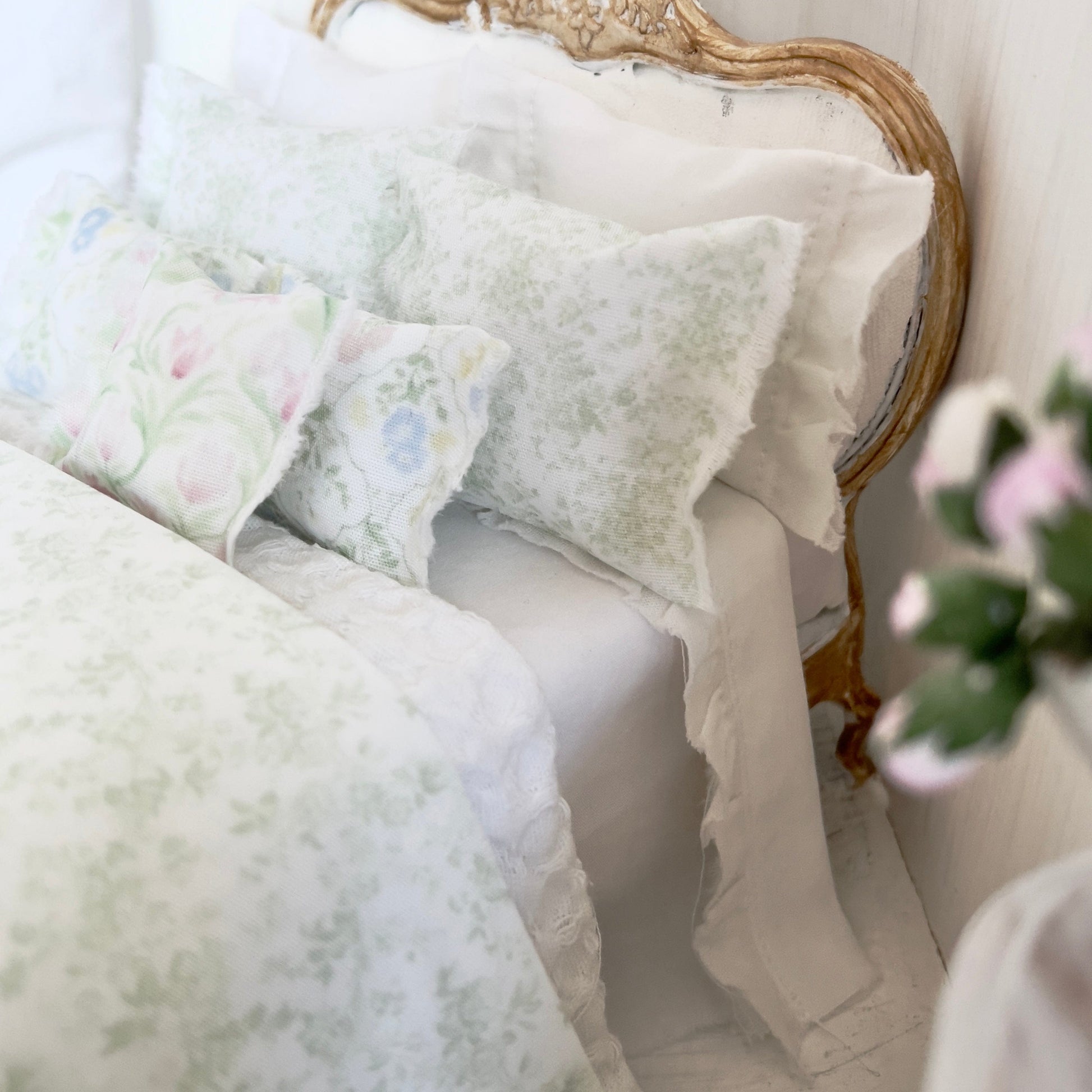 Chantallena Doll House bedding Jardin de Toile | Green and White Cotton Toile Bedding Set| Hyden