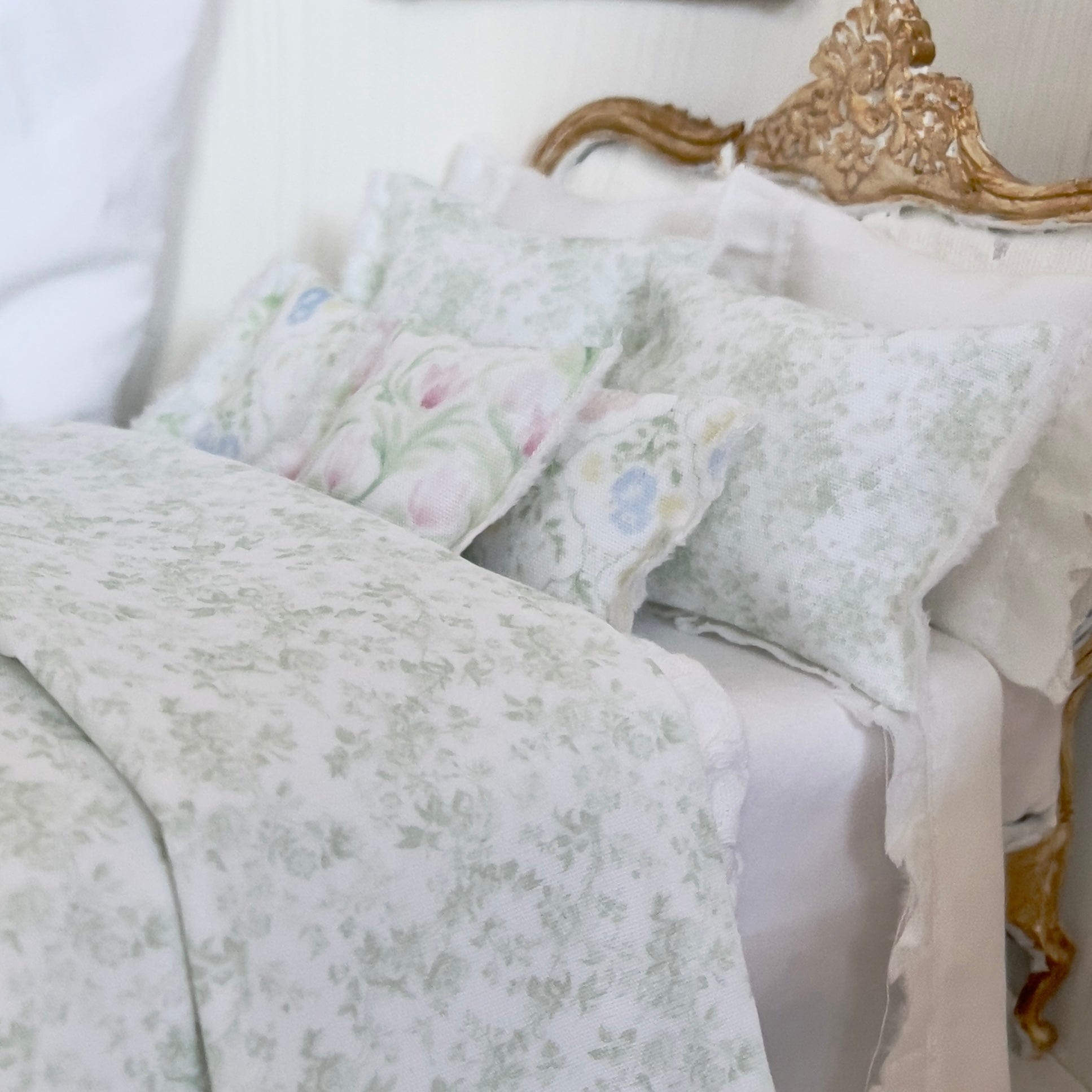 Chantallena Doll House bedding Jardin de Toile | Green and White Cotton Toile Bedding Set| Hyden