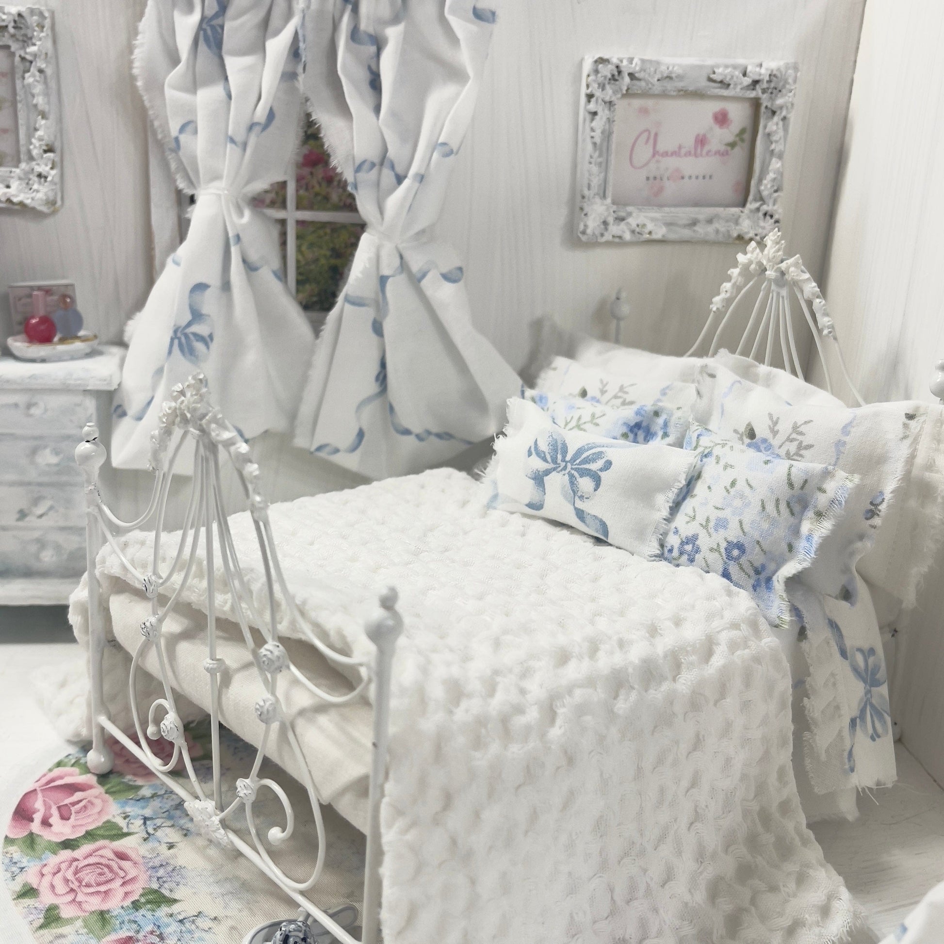 Chantallena Doll House Bedding Lillian Grace| Blue Ribboned Bow with Blue Rose Trellis Cotton Bedding Set