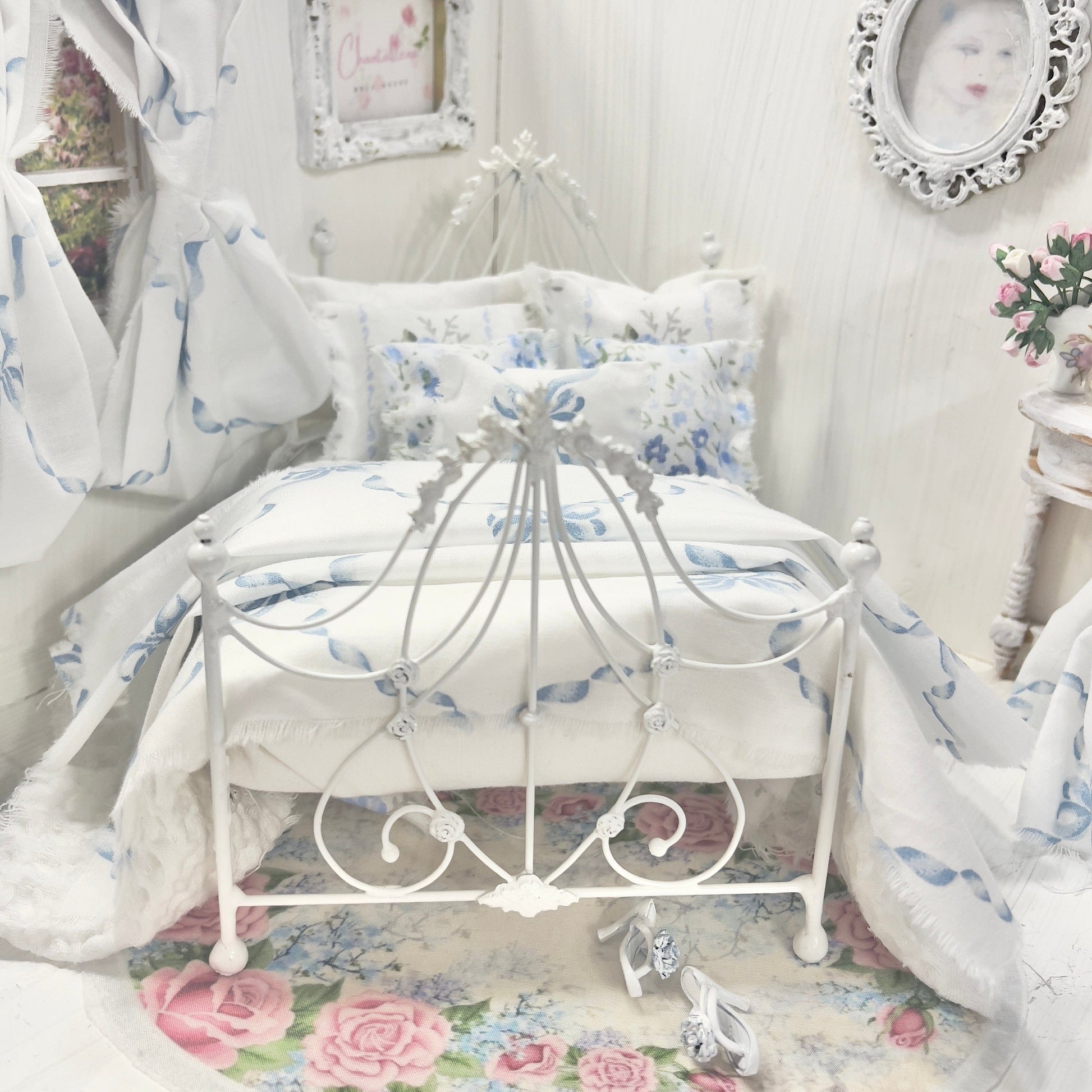 Chantallena Doll House Bedding Lillian Grace| Blue Ribboned Bow with Blue Rose Trellis Cotton Bedding Set