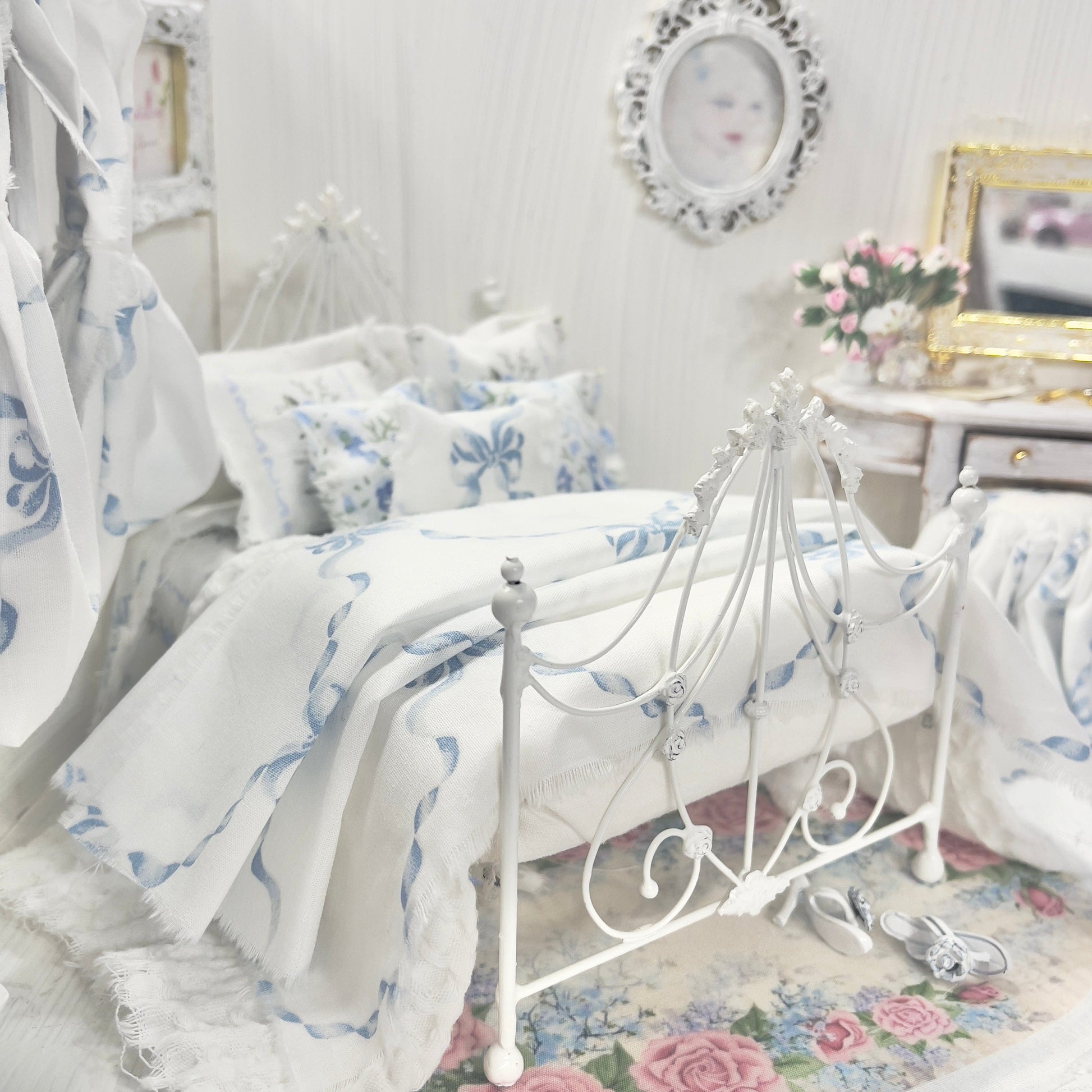 Chantallena Doll House Bedding Lillian Grace| Blue Ribboned Bow with Blue Rose Trellis Cotton Bedding Set
