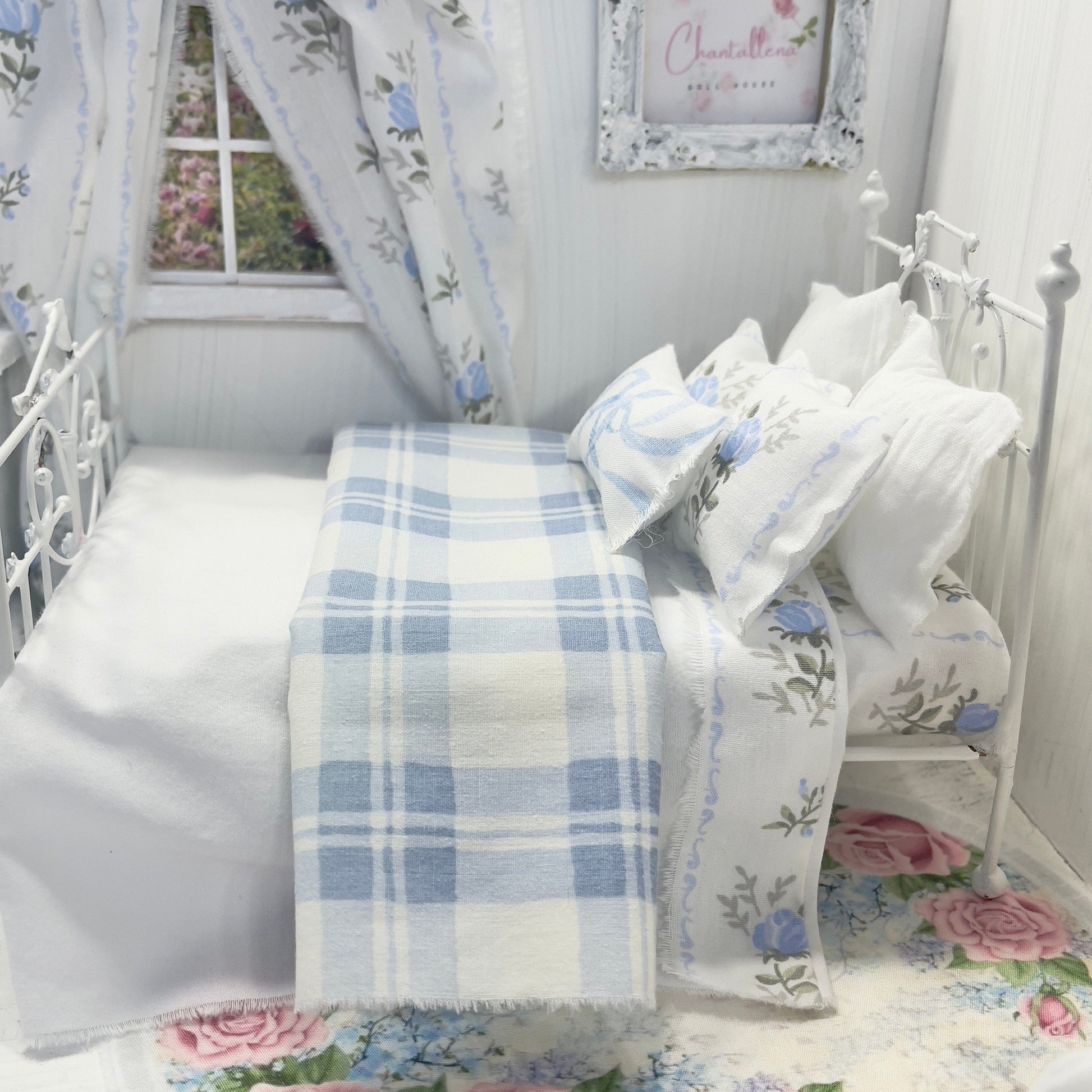 Chantallena Doll House Bedding Lillian Grace| Blue Roses Trellis Cotton Bedding Set with Pin-tucked Comforter