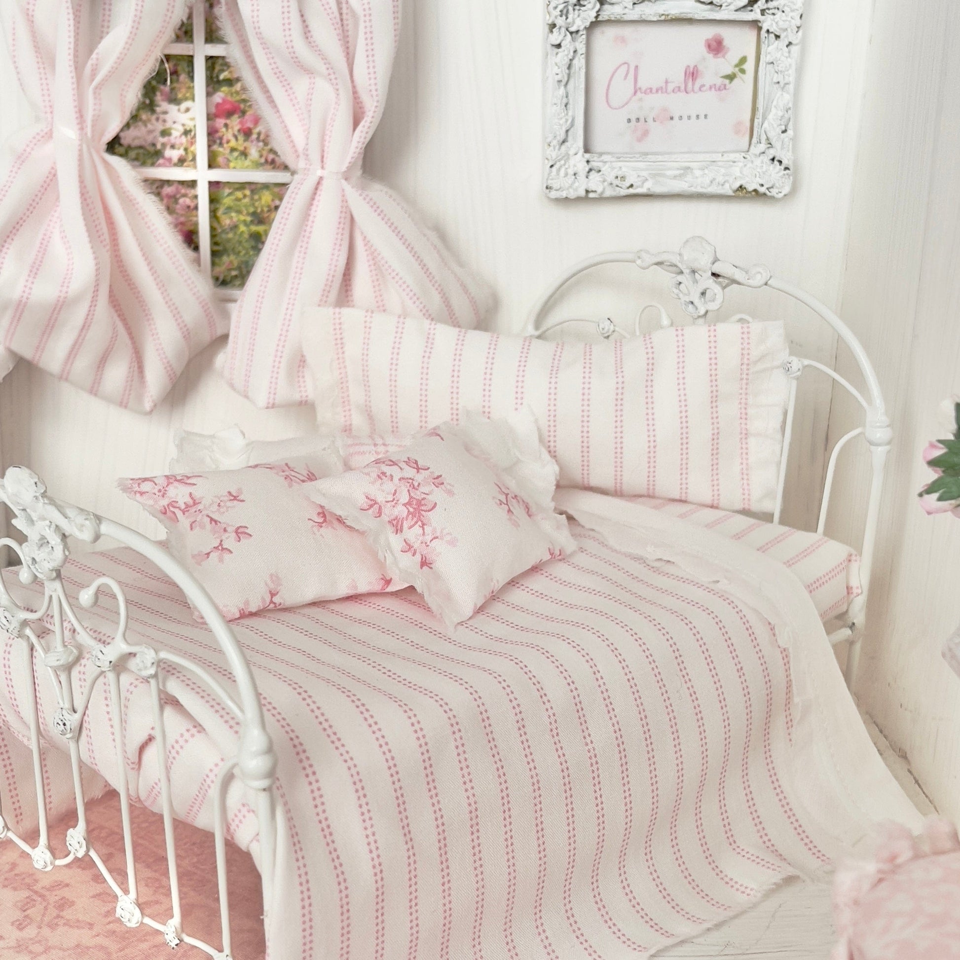 Chantallena Doll House Bedding Lillian Grace| Pink and White Stripe and Pink Toile Cotton Bedding Set