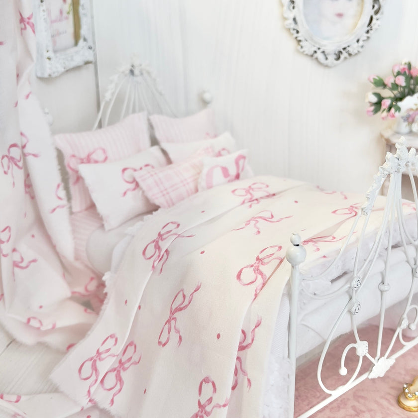 Chantallena Doll House Bedding Lottie- White Cotton with Pink Bows Bedding Set-1:12 Scale | Forever in Bloom| Chantallena