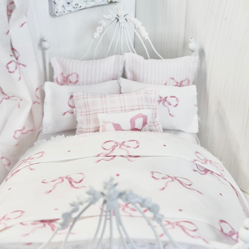 Chantallena Doll House Bedding Lottie- White Cotton with Pink Bows Bedding Set-1:12 Scale | Forever in Bloom| Chantallena