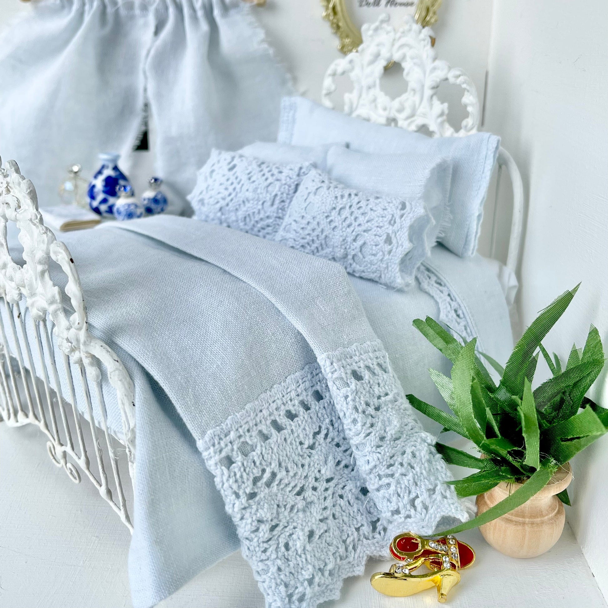 Chantallena Doll House Bedding Shabby Cottage |Blue Linen and Cotton Blend with Crocheted Trim 1:12 Scale Bedding Set| Haven