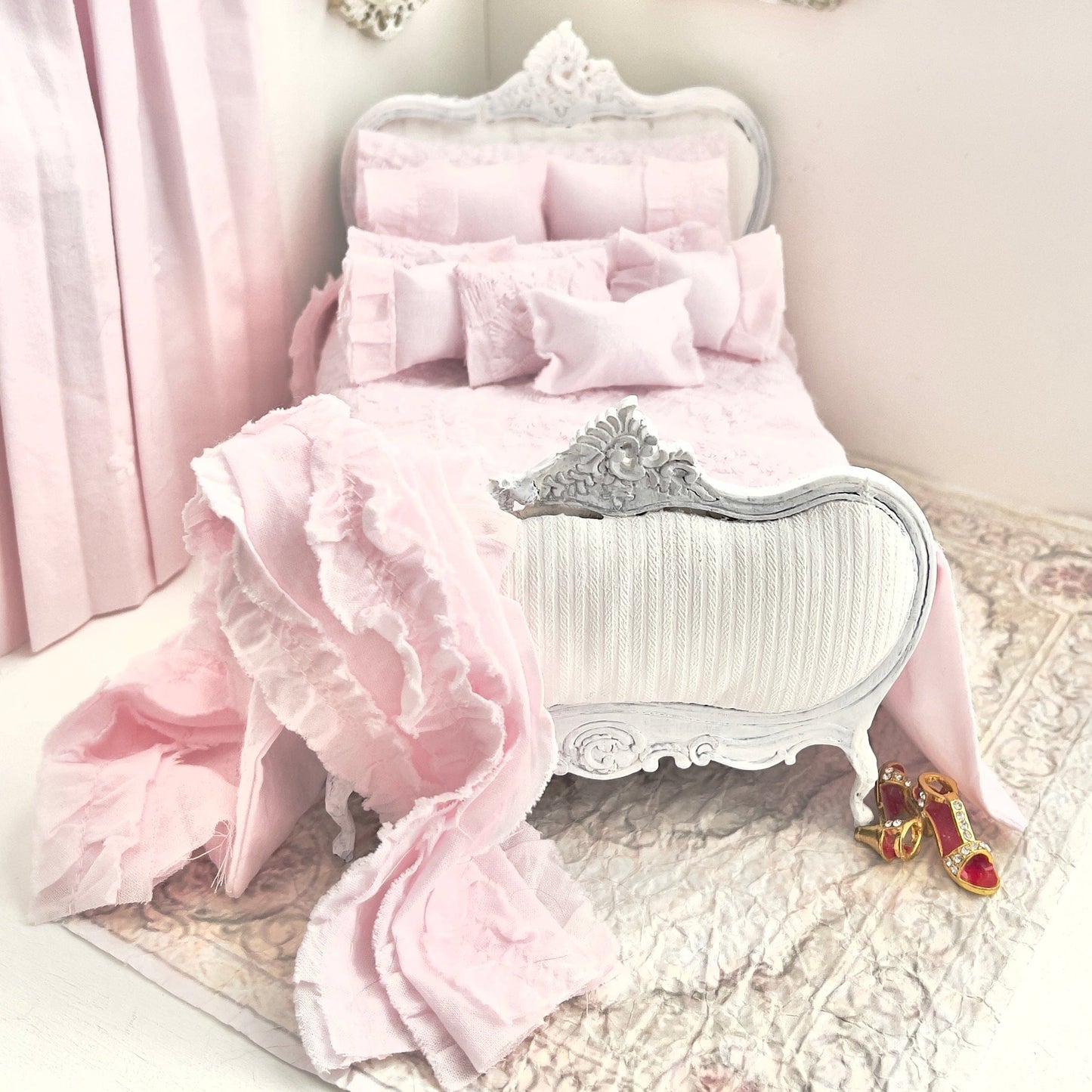 Chantallena Doll House Bedding Shabby Cottage | Pink Cotton Embroidered Set with Pink Ruffles | Pink Embroidered