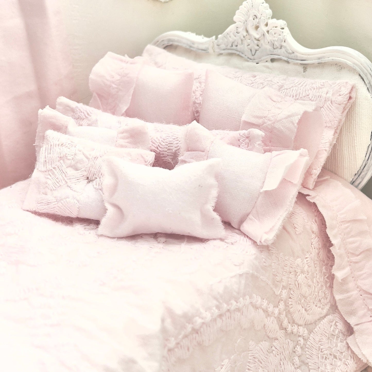 Chantallena Doll House Bedding Shabby Cottage | Pink Cotton Embroidered Set with Pink Ruffles | Pink Embroidered