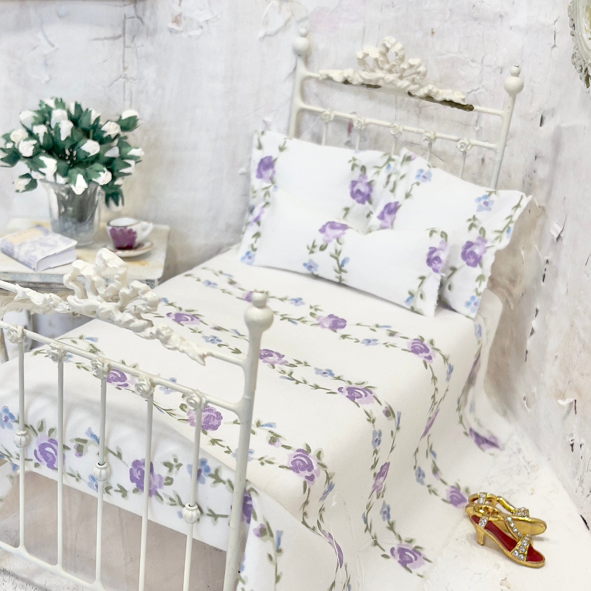 Chantallena Doll House Bedding Simply Lena | Five Piece Lavender Roses on White Cotton Bedding Set |