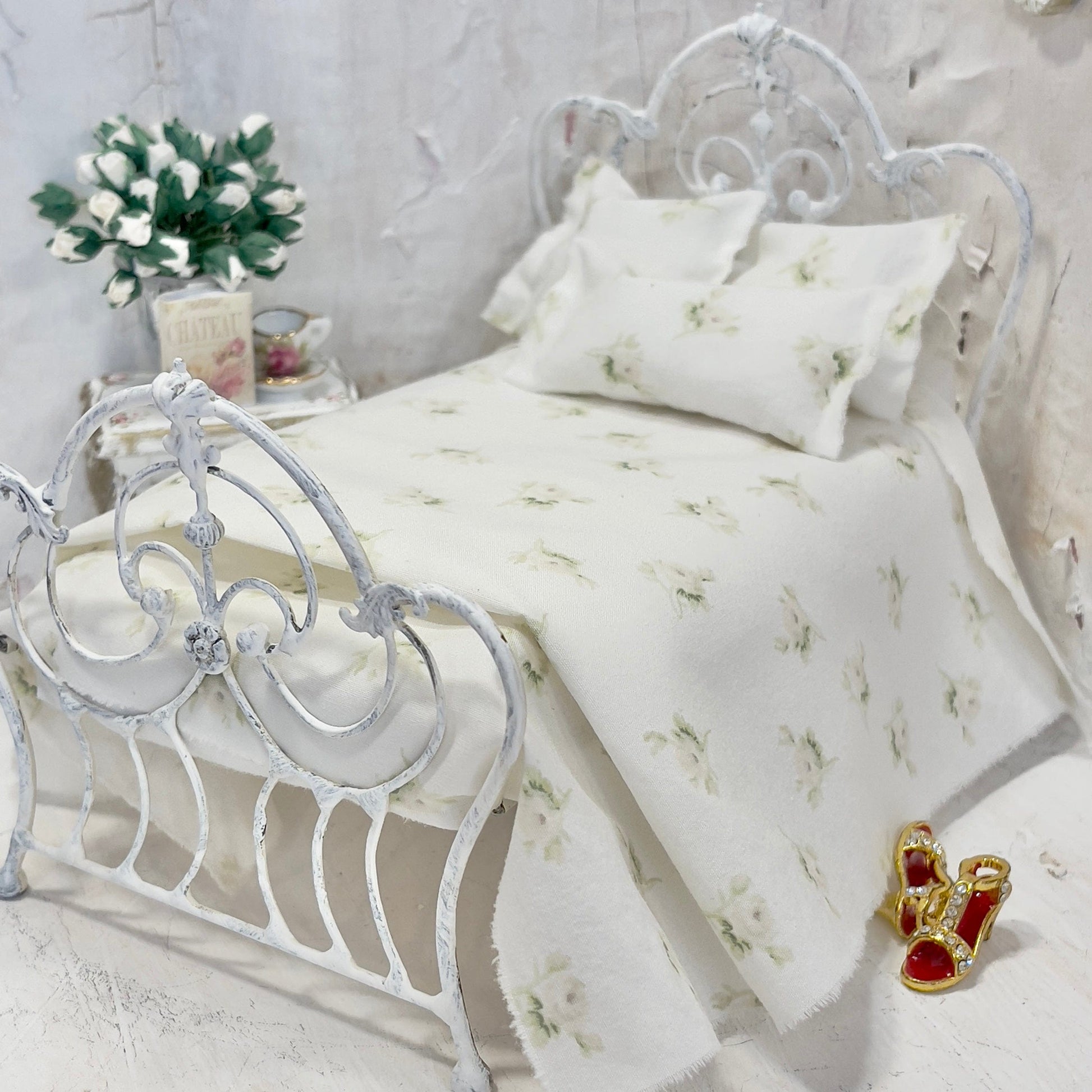 Chantallena Doll House Bedding Simply Lena | Five Piece Petite Pink Roses on White Cotton Bedding Set |