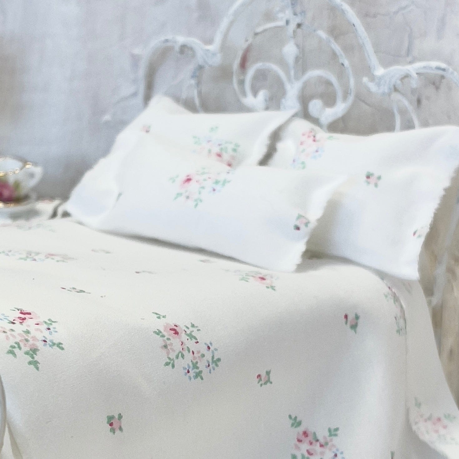 Chantallena Doll House Bedding Simply Lena | Five Piece Pink and Blue Clustered Florals on White Cotton Bedding Set |