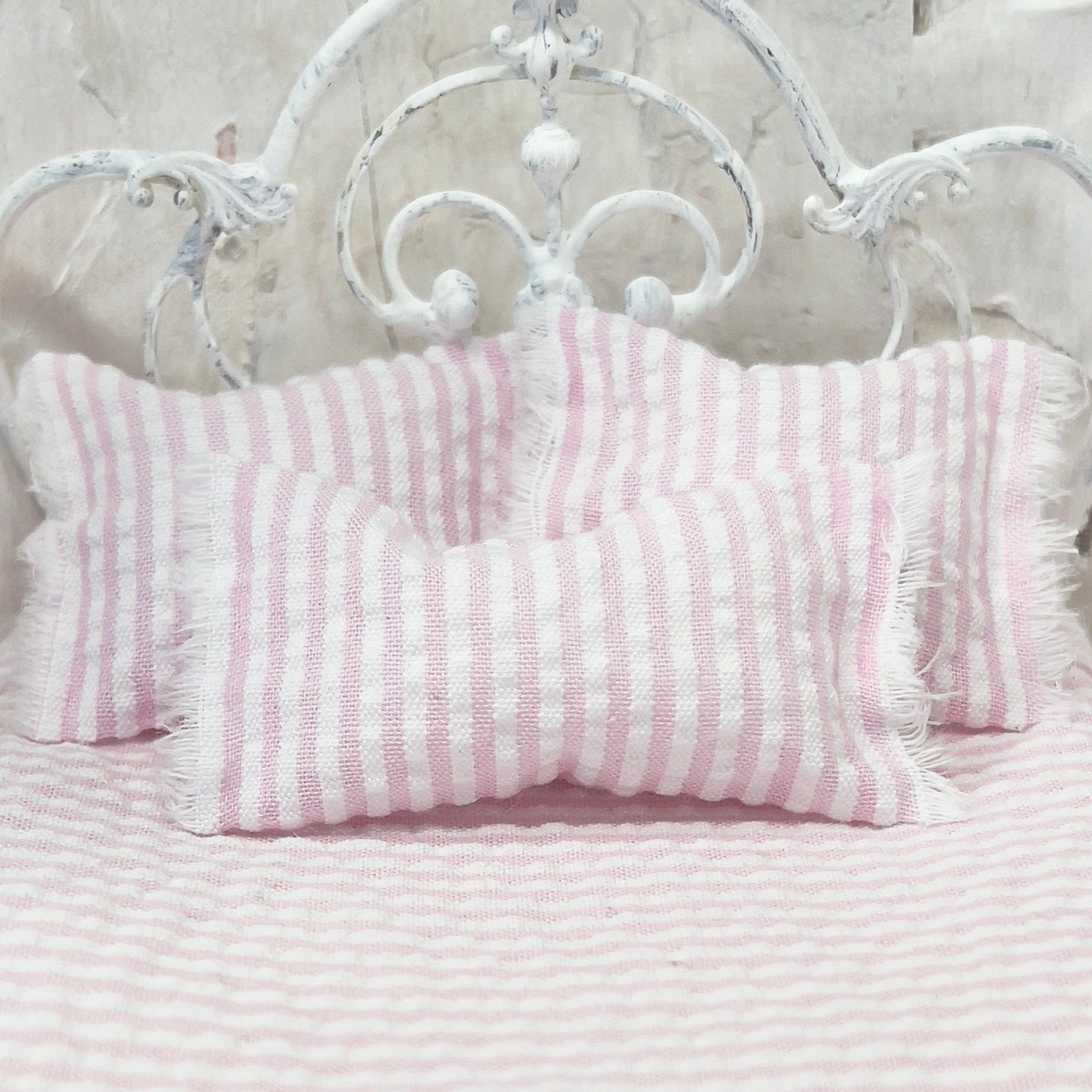 Chantallena Doll House Bedding Simply Lena | Five Piece Pink and White Seersucker Cotton Bedding Set |